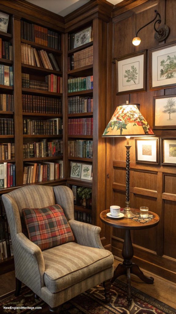 home decor ideas Library Nook Create a cozy reading corner with built in shelves filled with books enhancing the intellectual vibe inspired by New Englands literary history