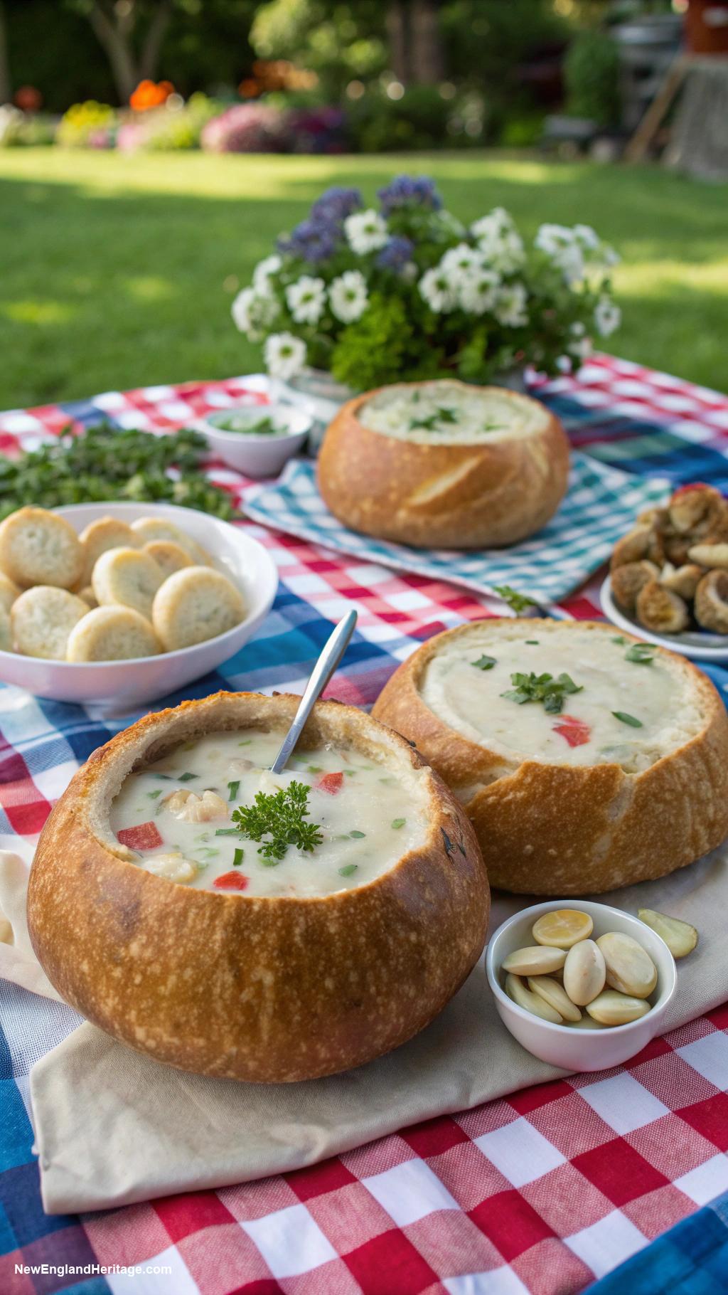 4th of july bbq Clam chowder served in bread bowls