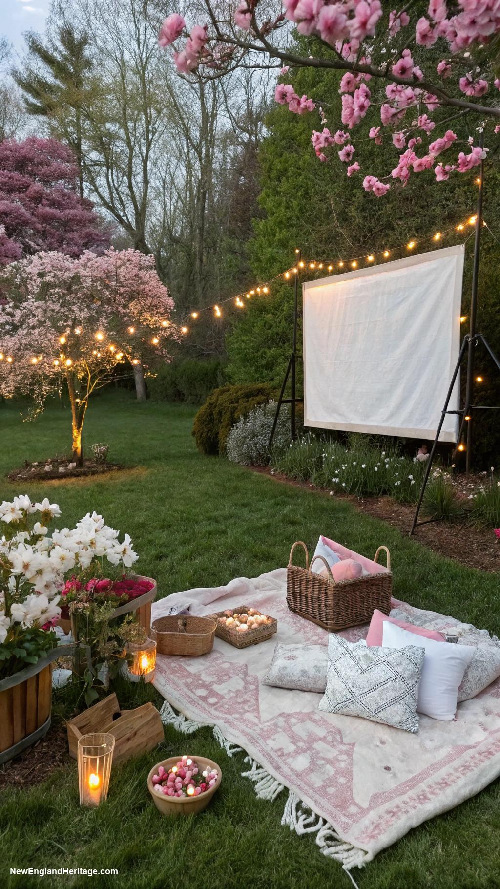 spring garden party ideas Outdoor movie night with garden backdrop