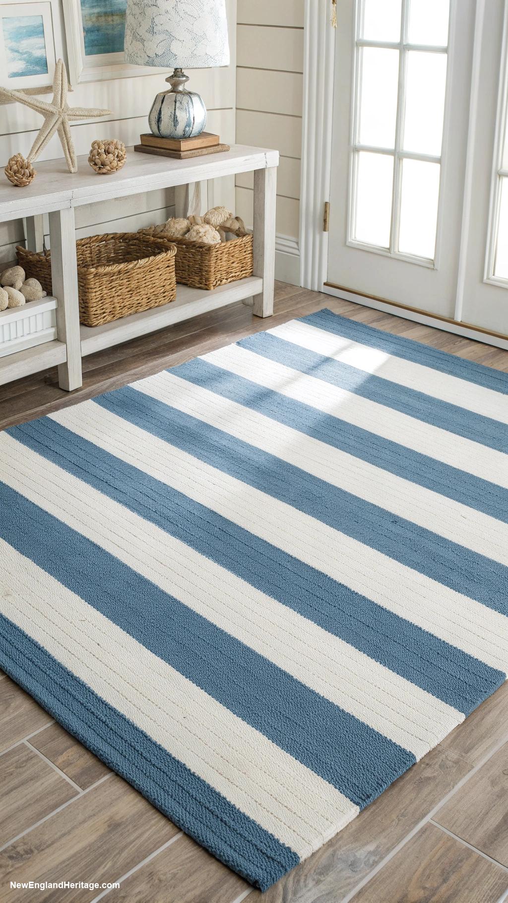blue and white stripes home decor Striped area rug for beachy feel