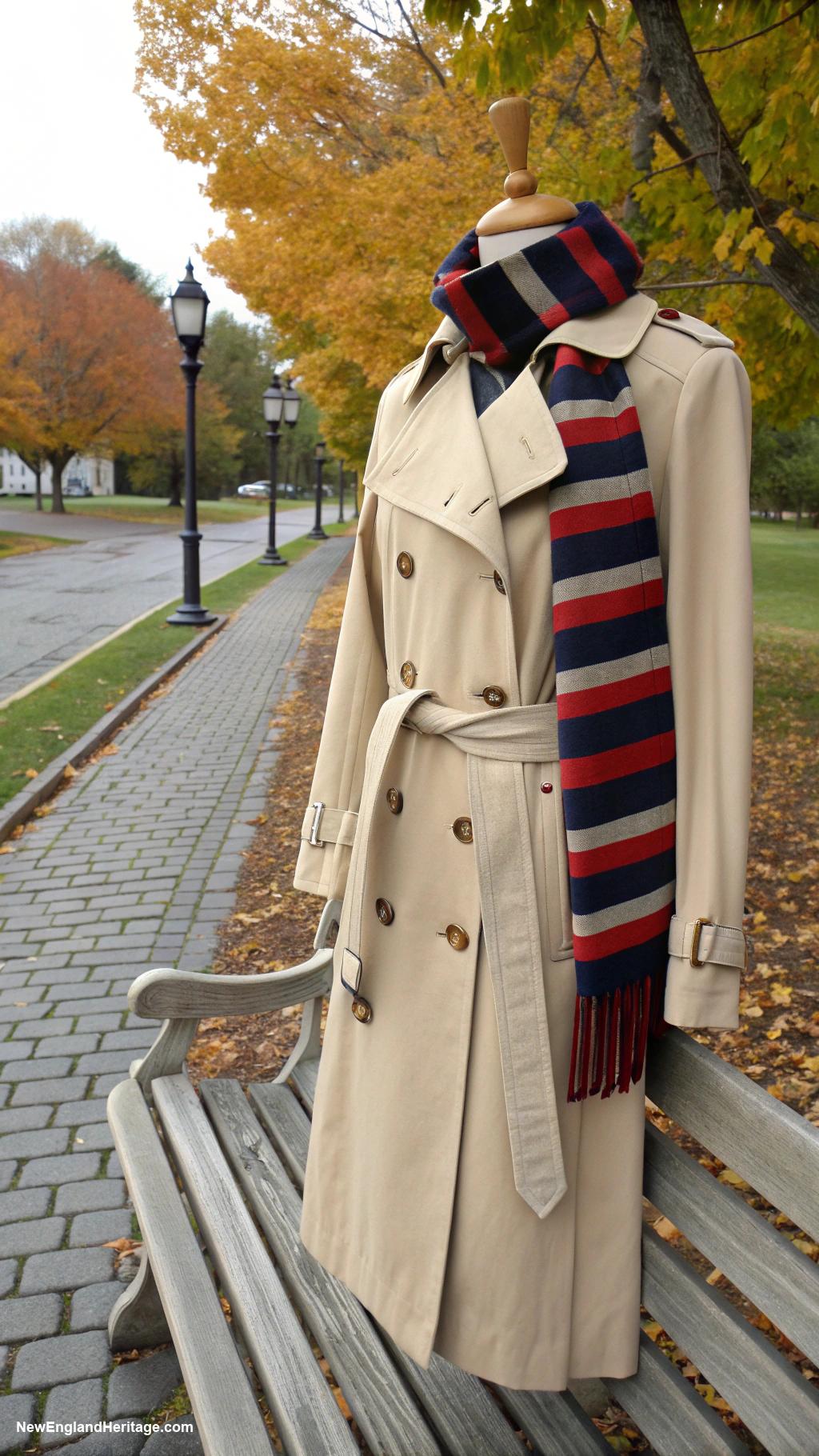 classic outfits Classic trench coat with striped scarf