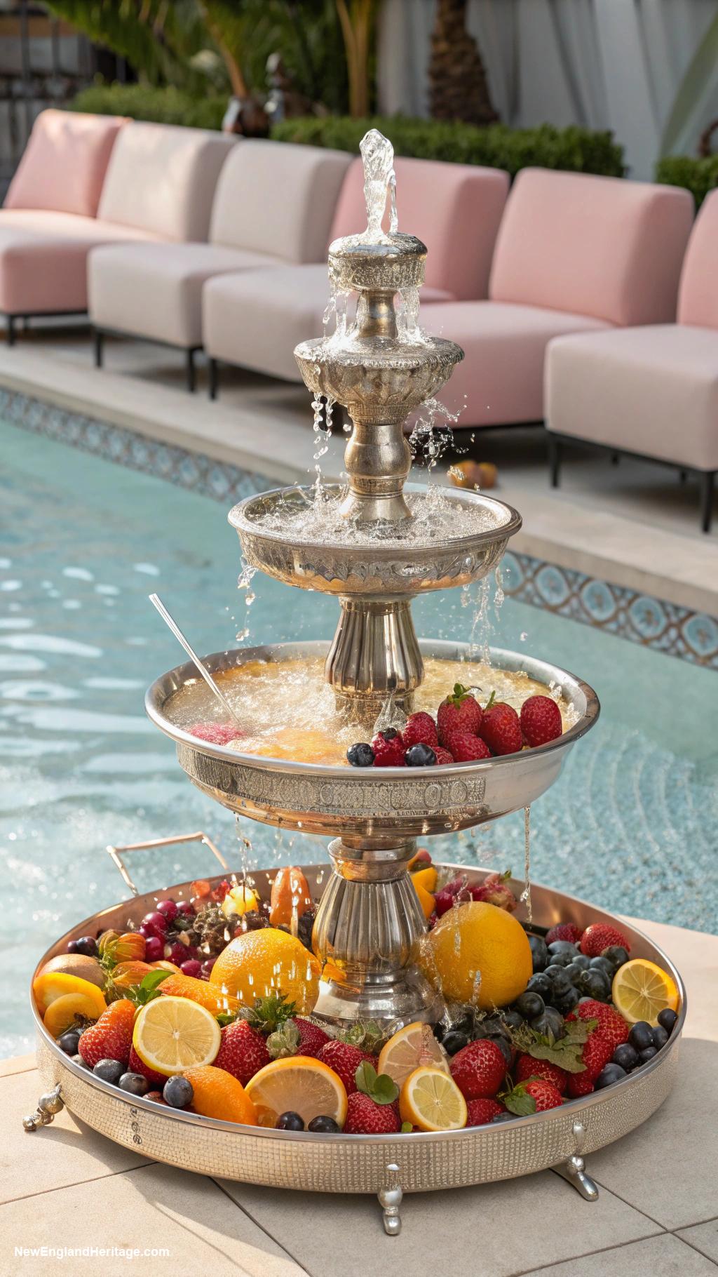 classy pool party ideas Champagne fountain with fresh fruit