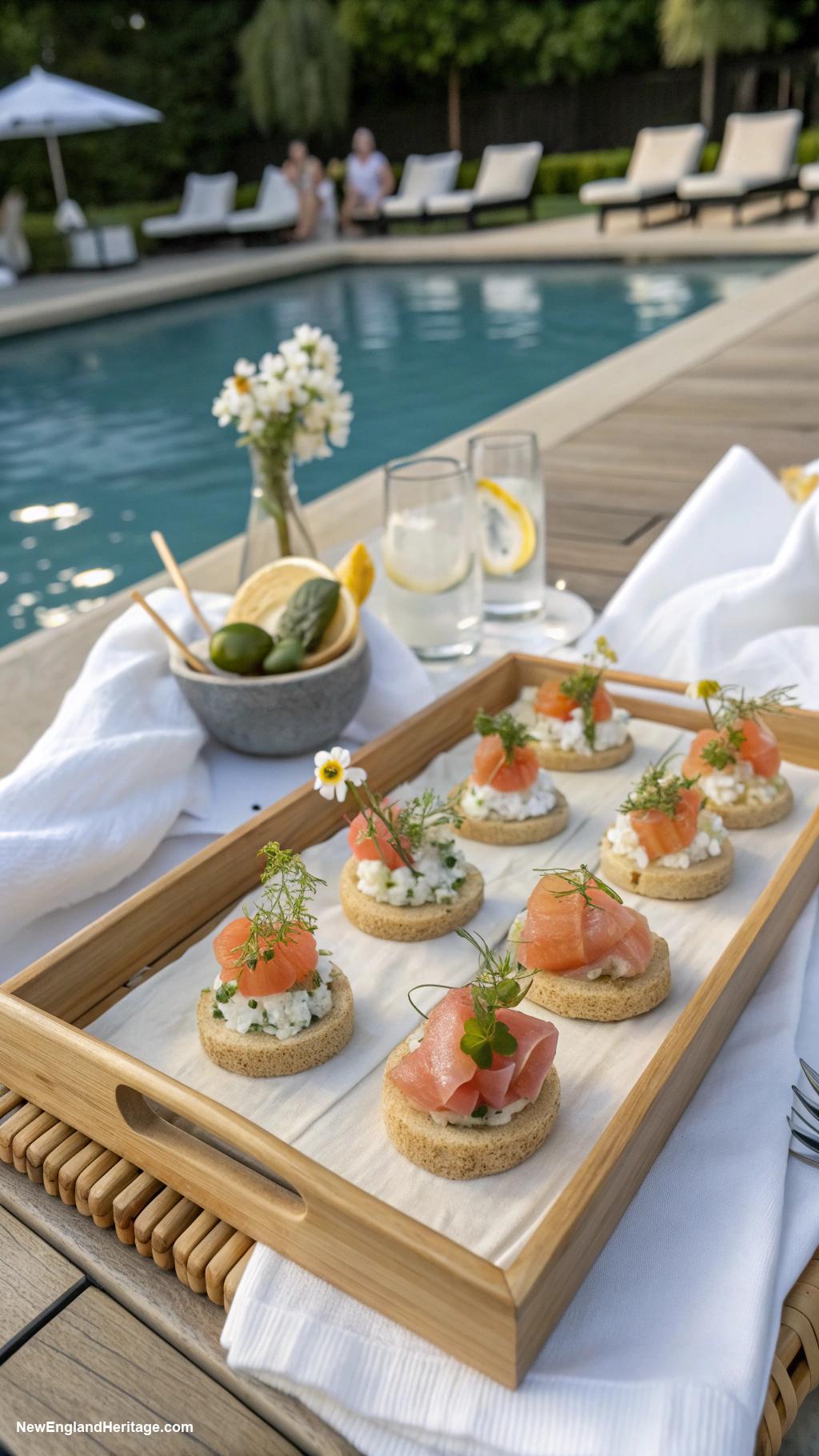 classy pool party ideas Gourmet hors doeuvres on floating trays