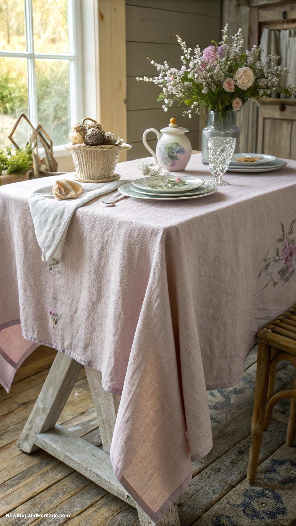 decorating with linen Layer linen tablecloth over rustic wood table