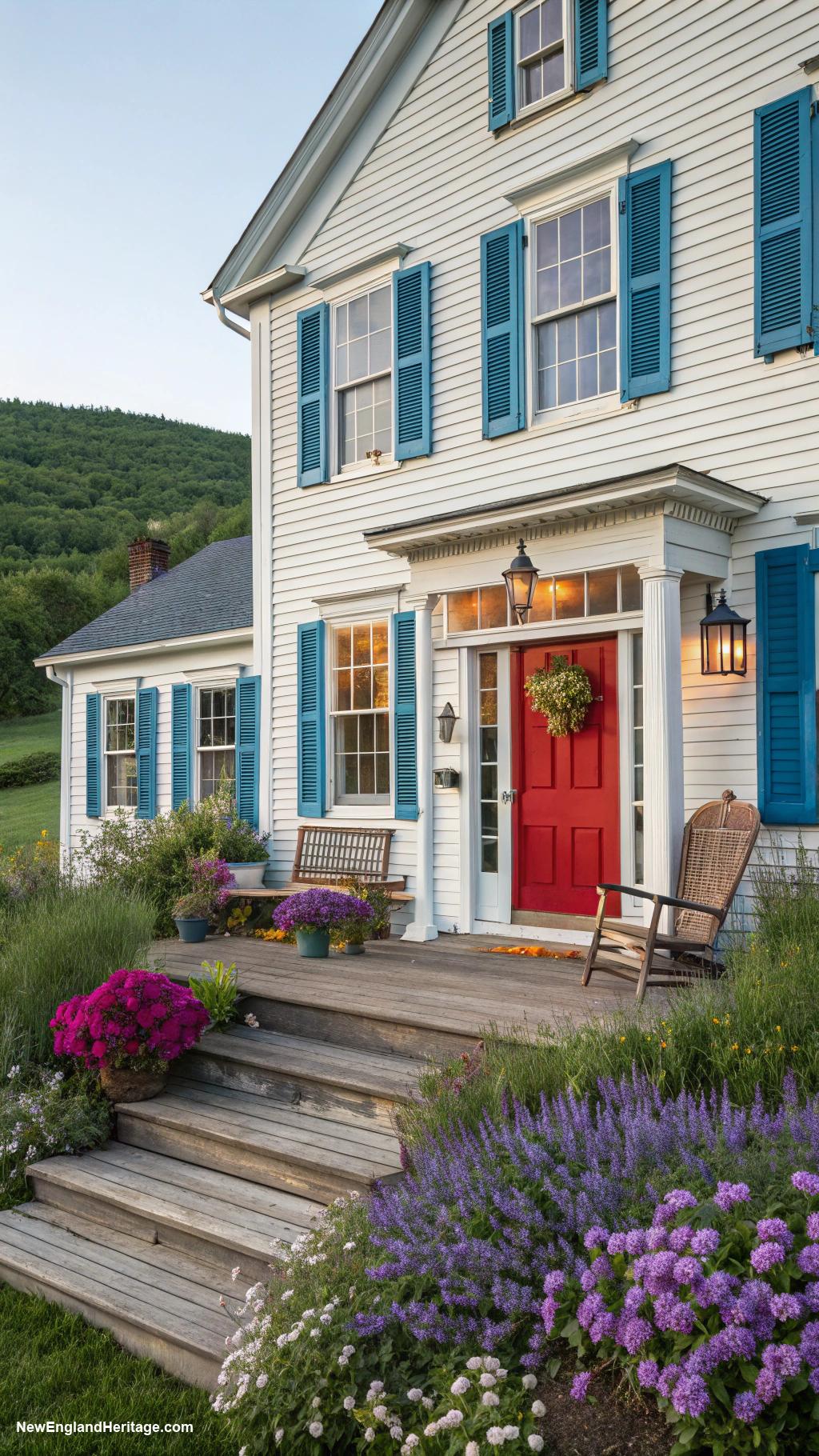 farmhouses Bright blue shutters with classic red door