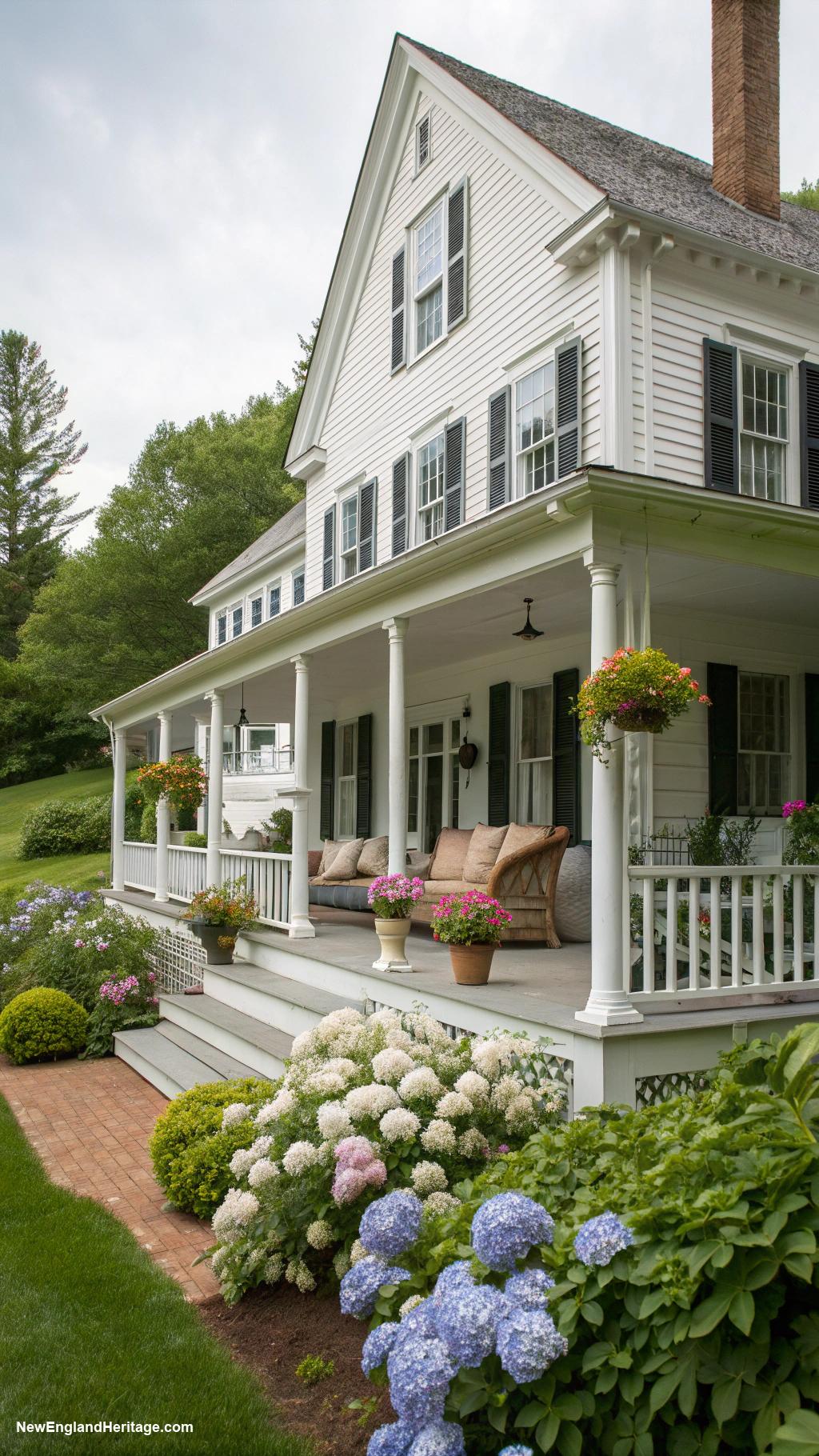 farmhouses Charming white clapboard exterior with wraparound porch