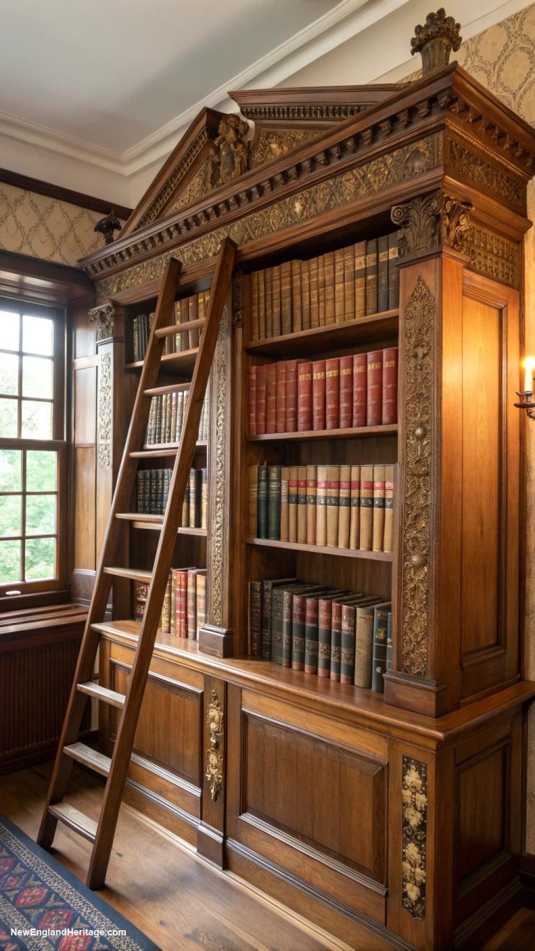 home library ideas Antique oak bookshelves with ladder