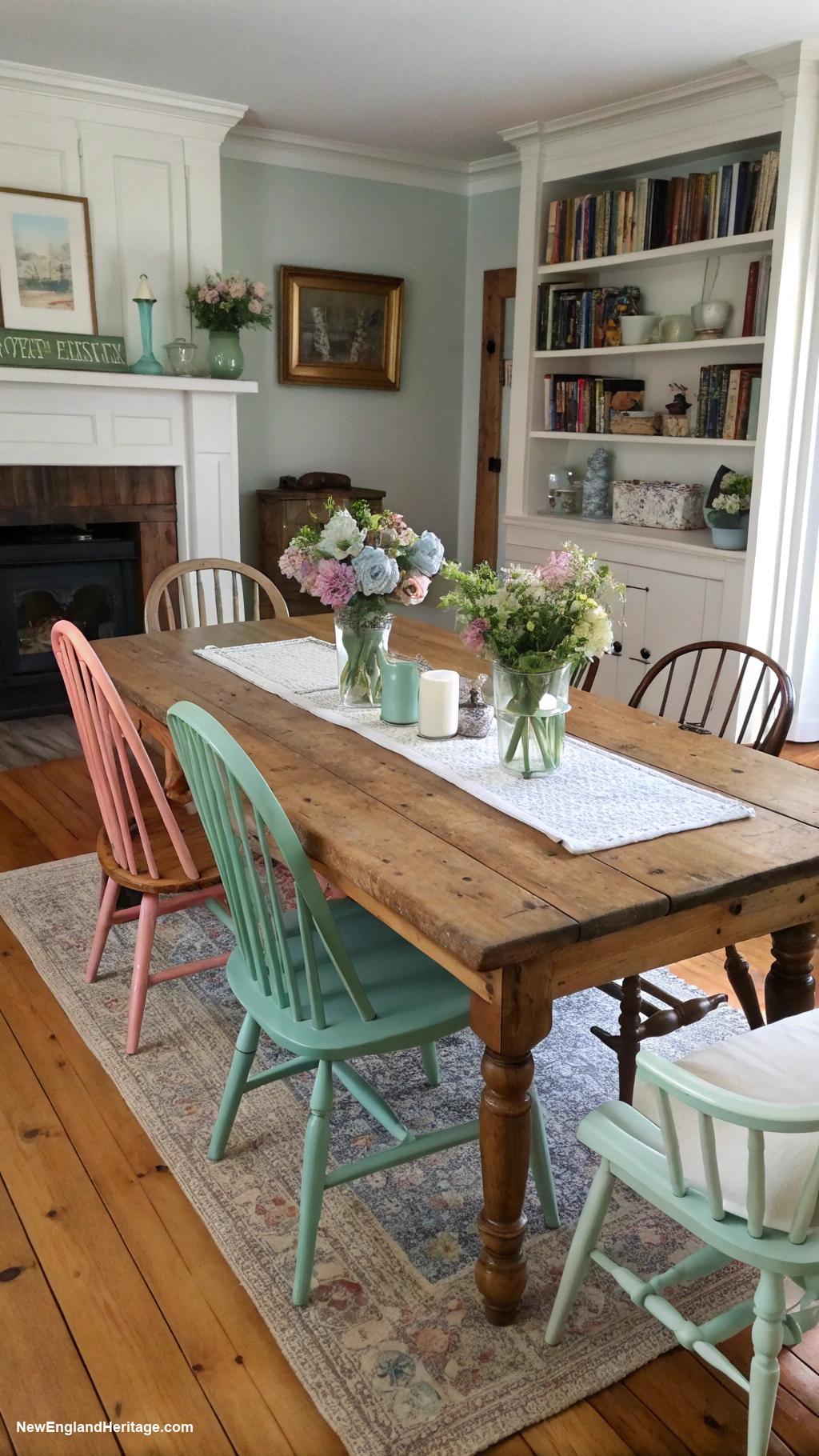 living room ideas Farmhouse table with mismatched chairs