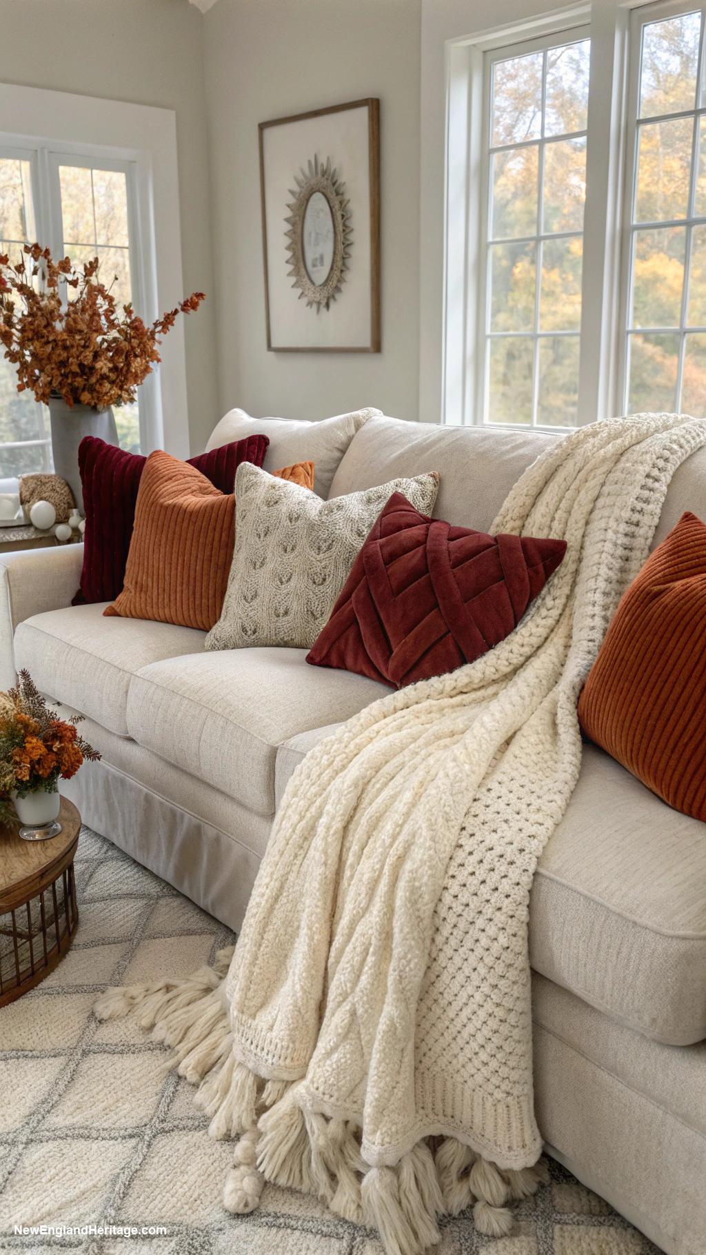 living room ideas Layered textures with throws and cushions