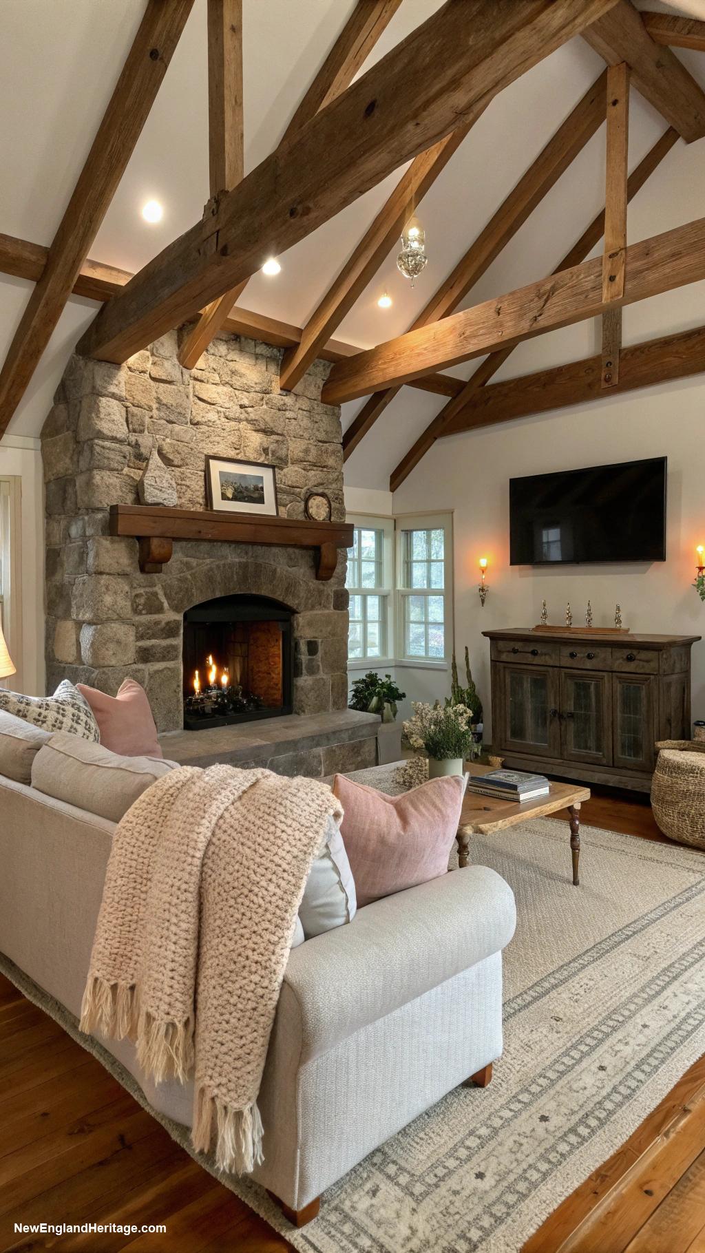 living room ideas Rustic wooden beams and cozy fireplace