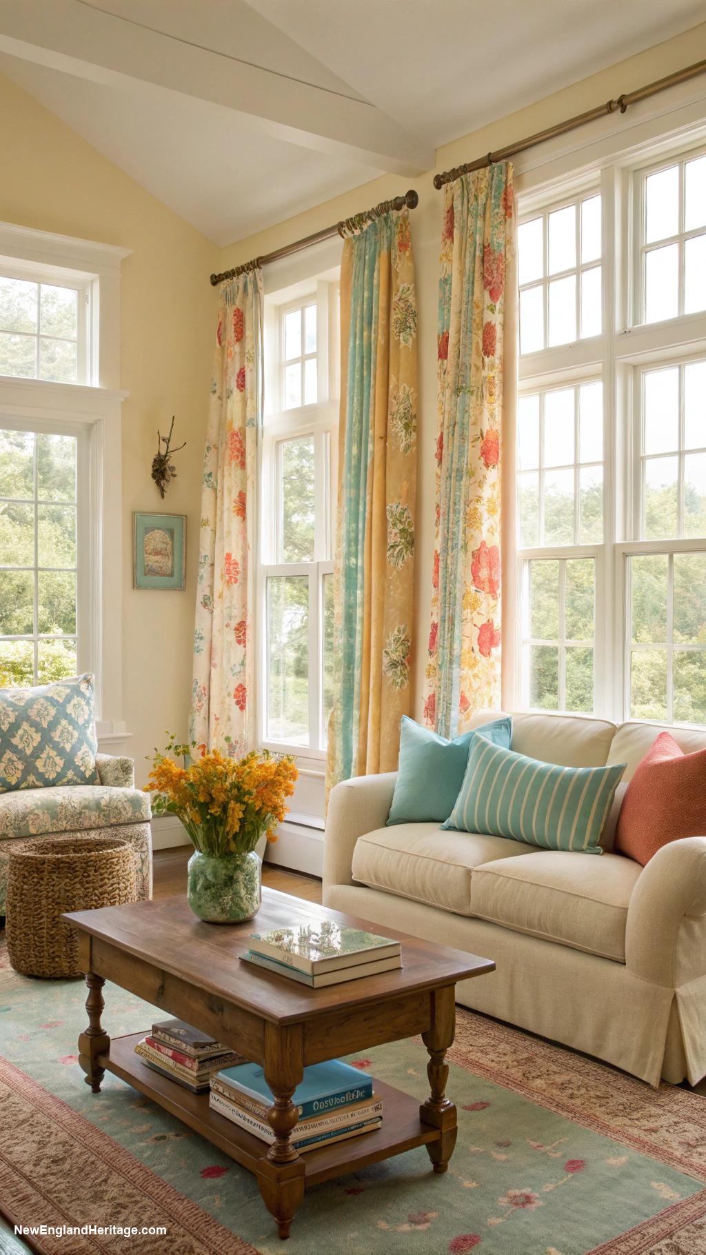 living room ideas Sunlit windows with cheerful curtains