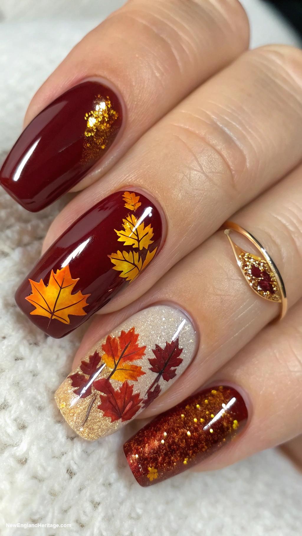 nails Autumn leaves on a dark base