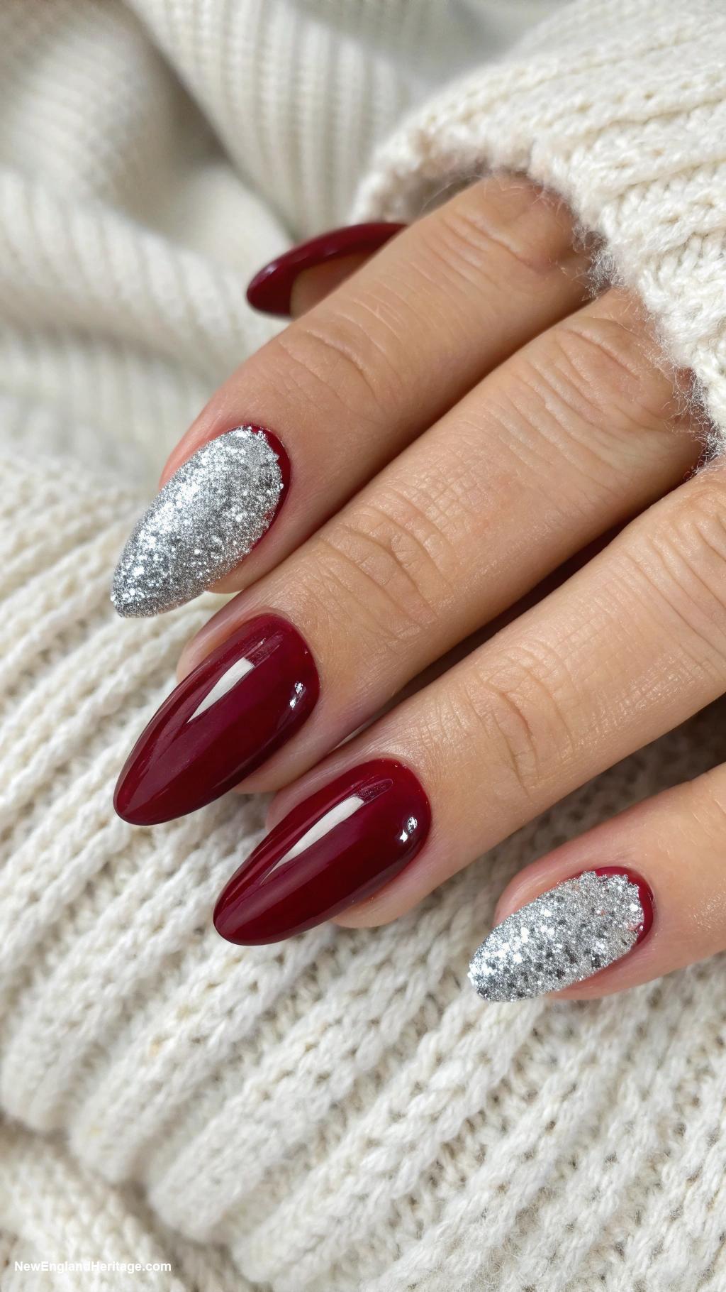 nails Cranberry red with silver glitter tips