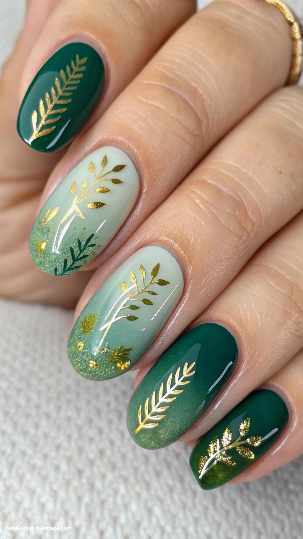 nails Foliage inspired ombre with gold flecks