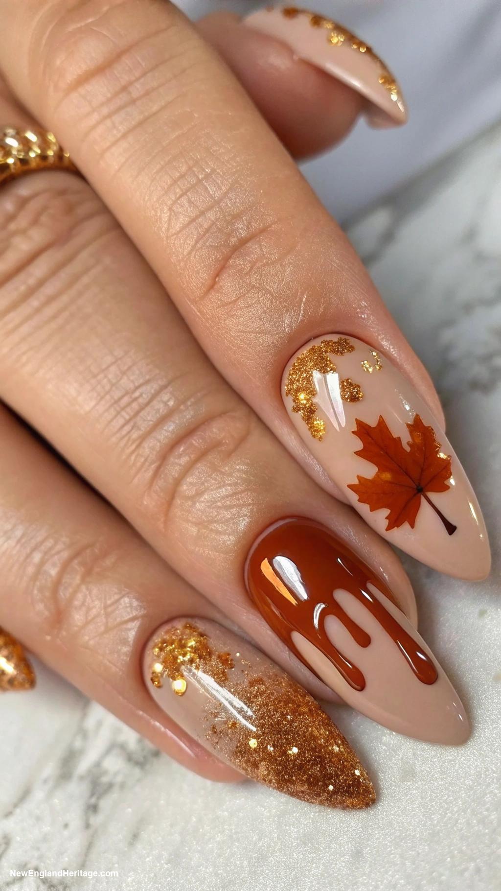nails Maple syrup dripped design on nude