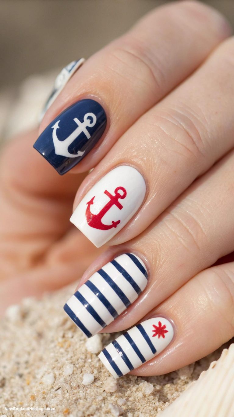 nails Nautical stripes with anchor stickers