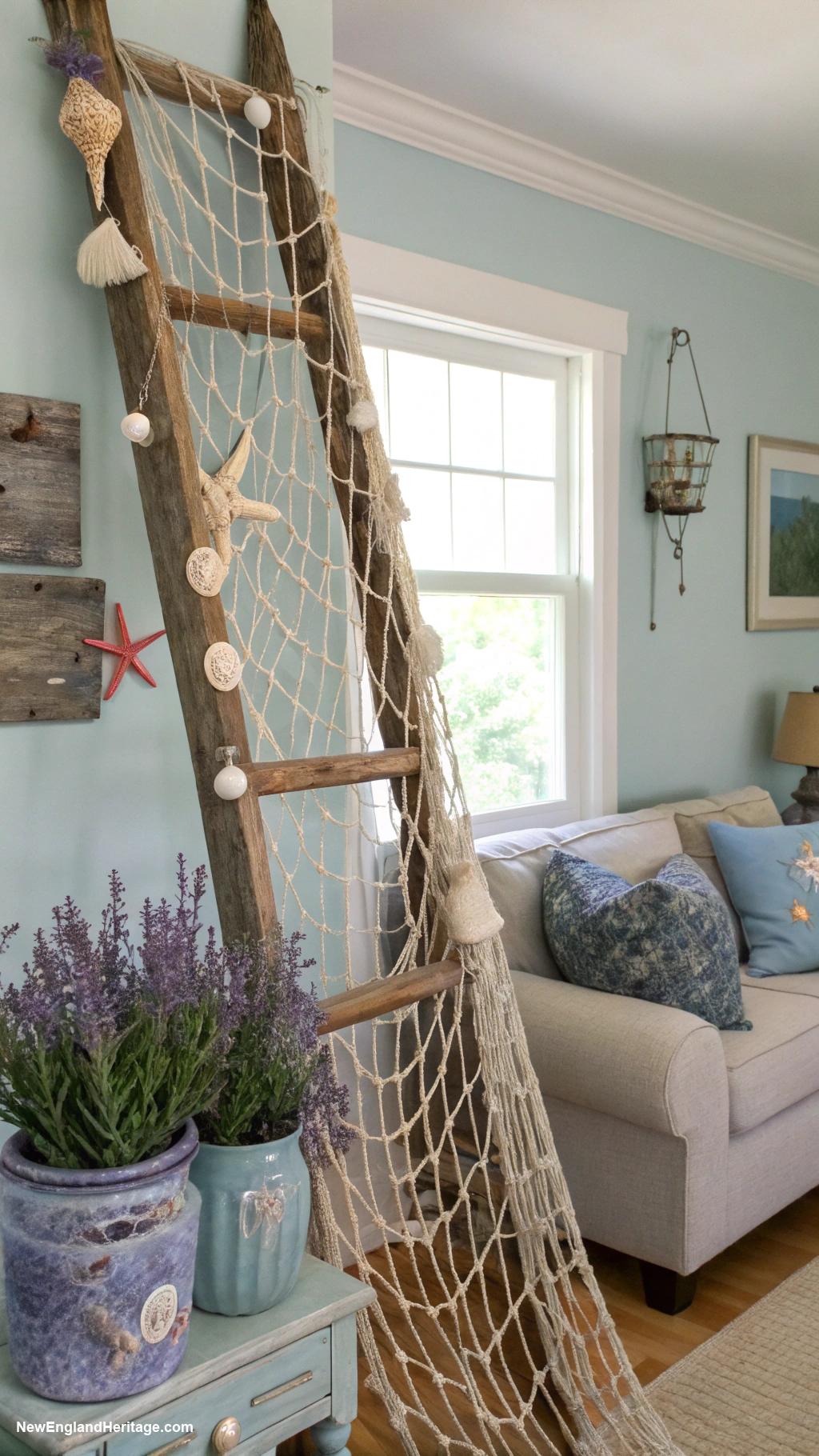 nautical home decor Fishing net displays for coastal interest
