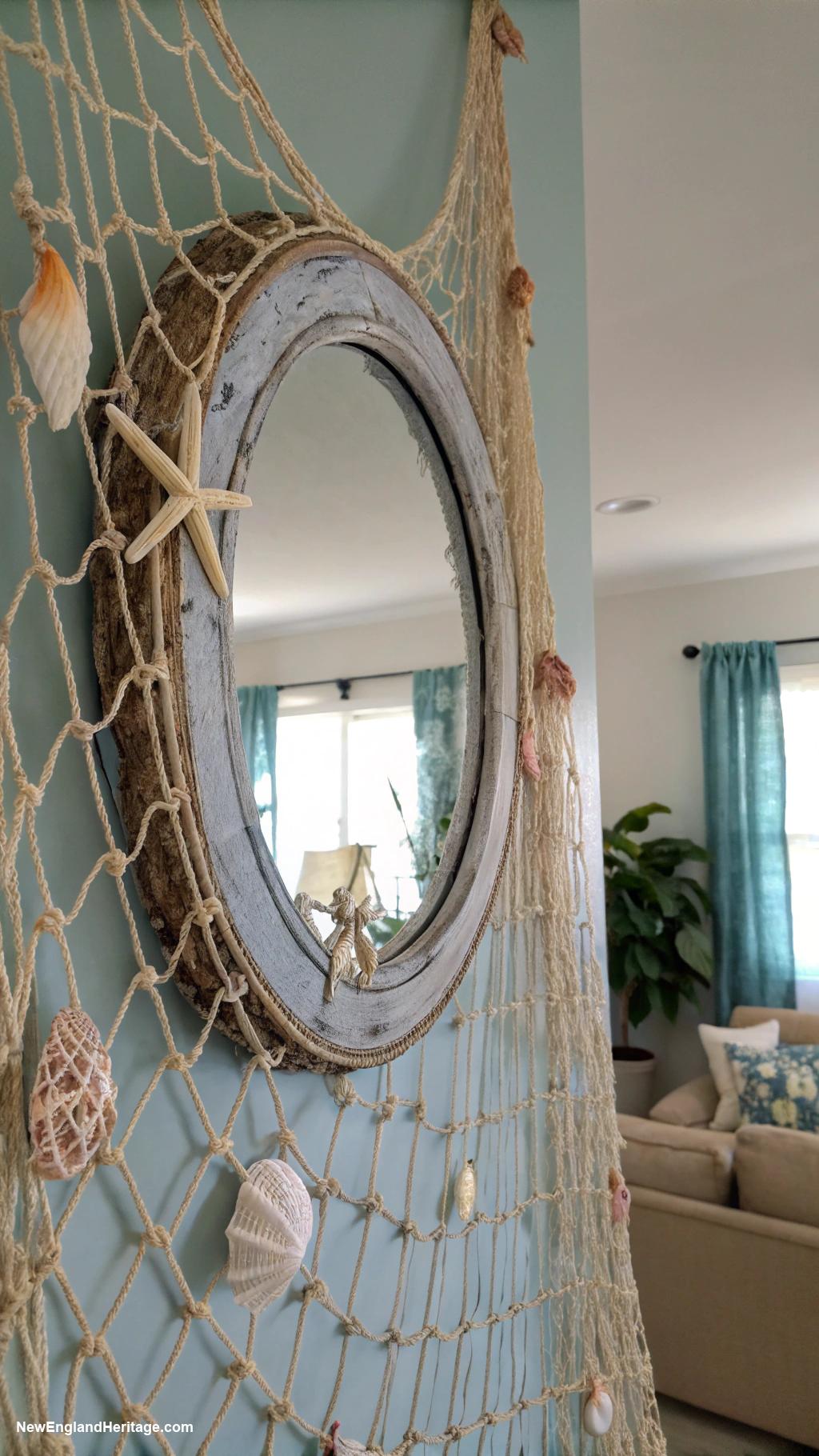 nautical home decor Fishing net draped over a mirror