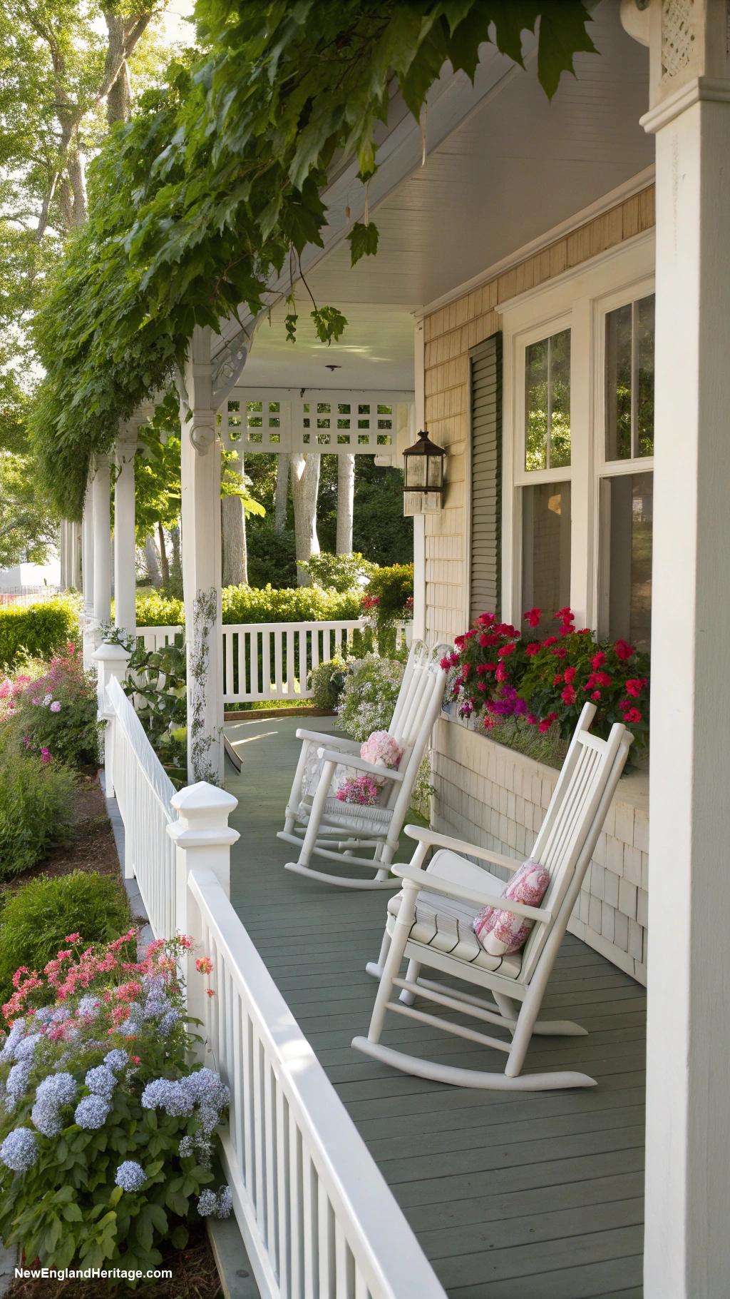 salt box houses Charming wrap around porch with rocking chairs