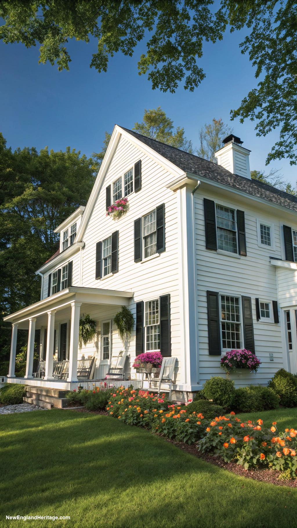 salt box houses Classic white exterior with black shutters