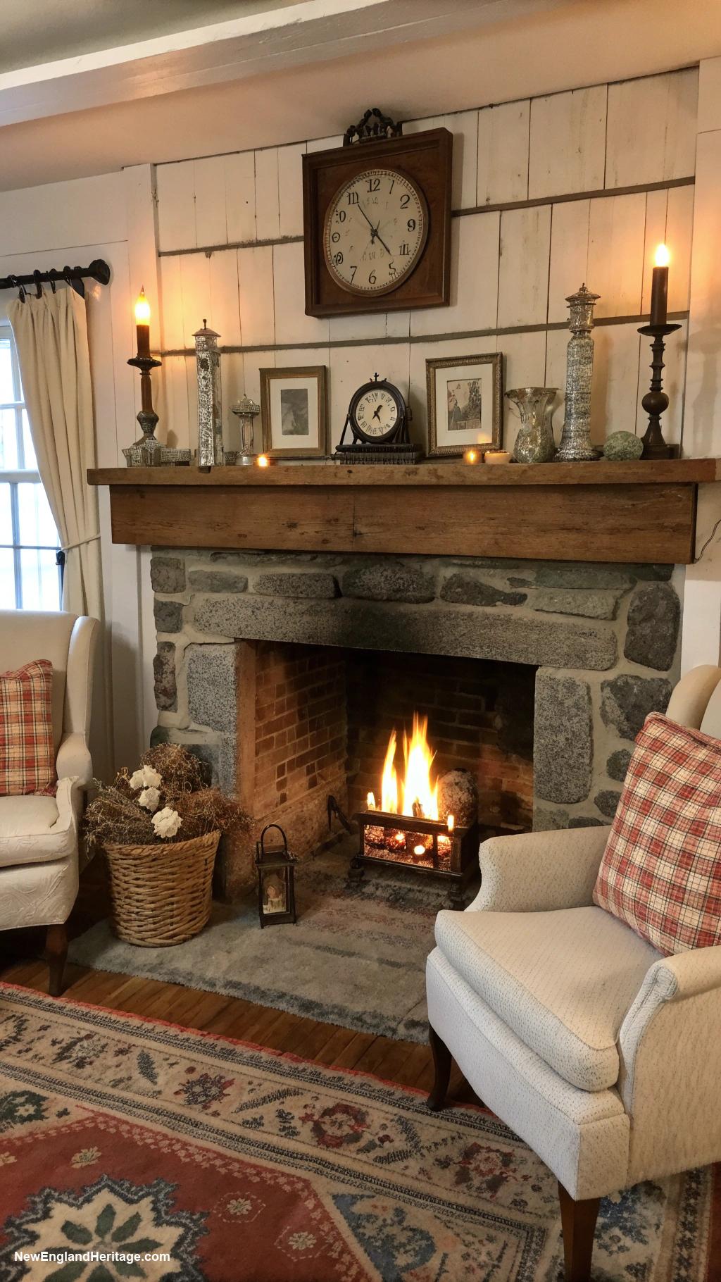 salt box houses Cozy fireplace with vintage mantelpiece