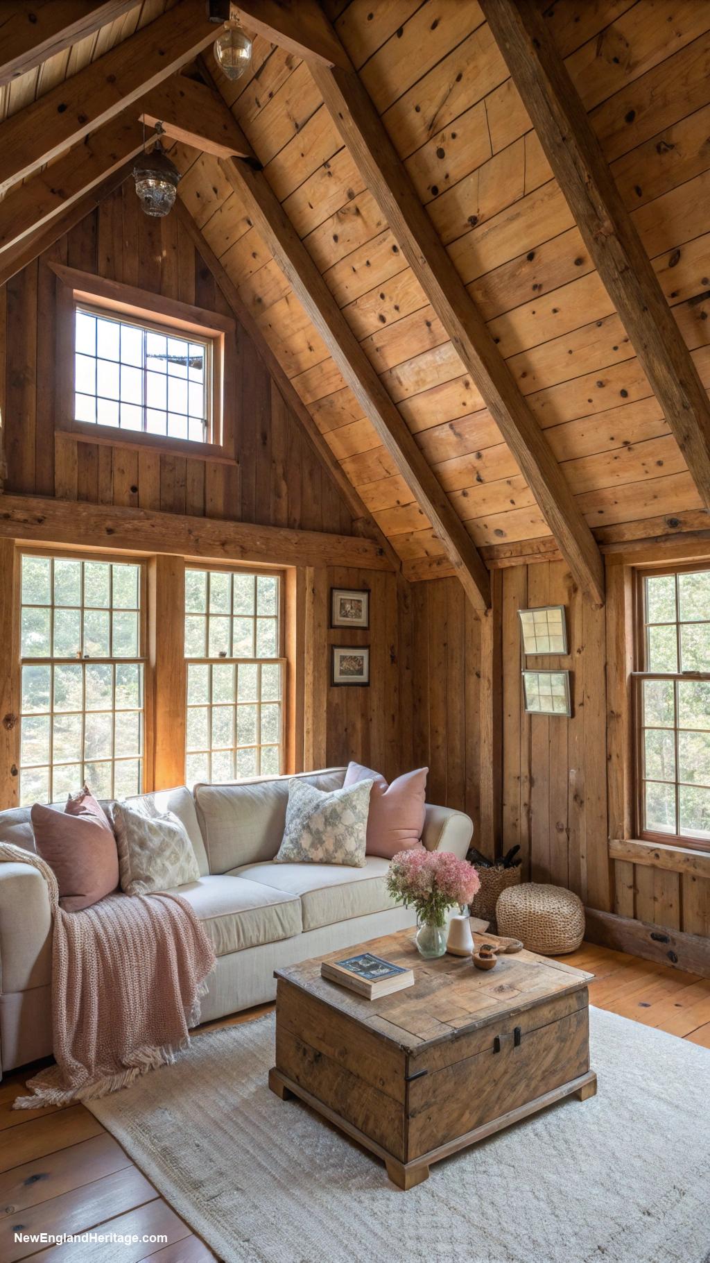 salt box houses Exposed beams and rustic wood interior