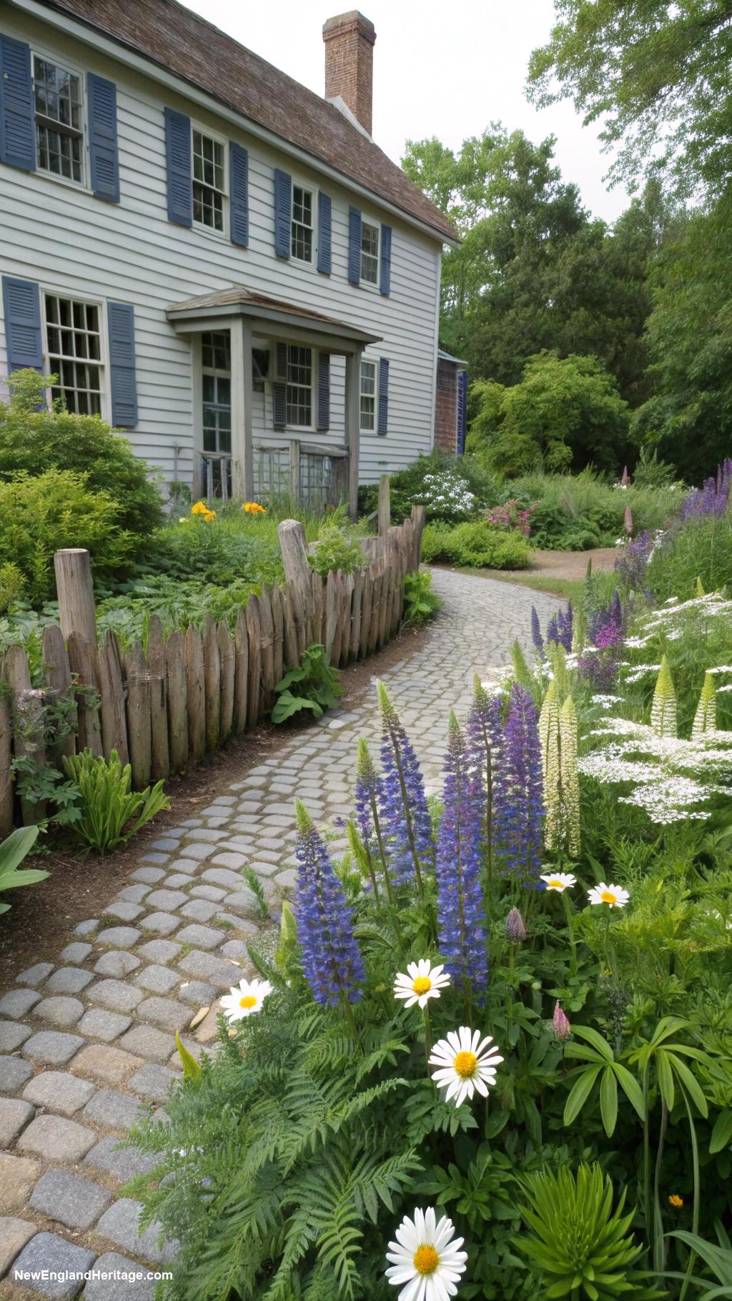 salt box houses Quaint garden with native New England plants