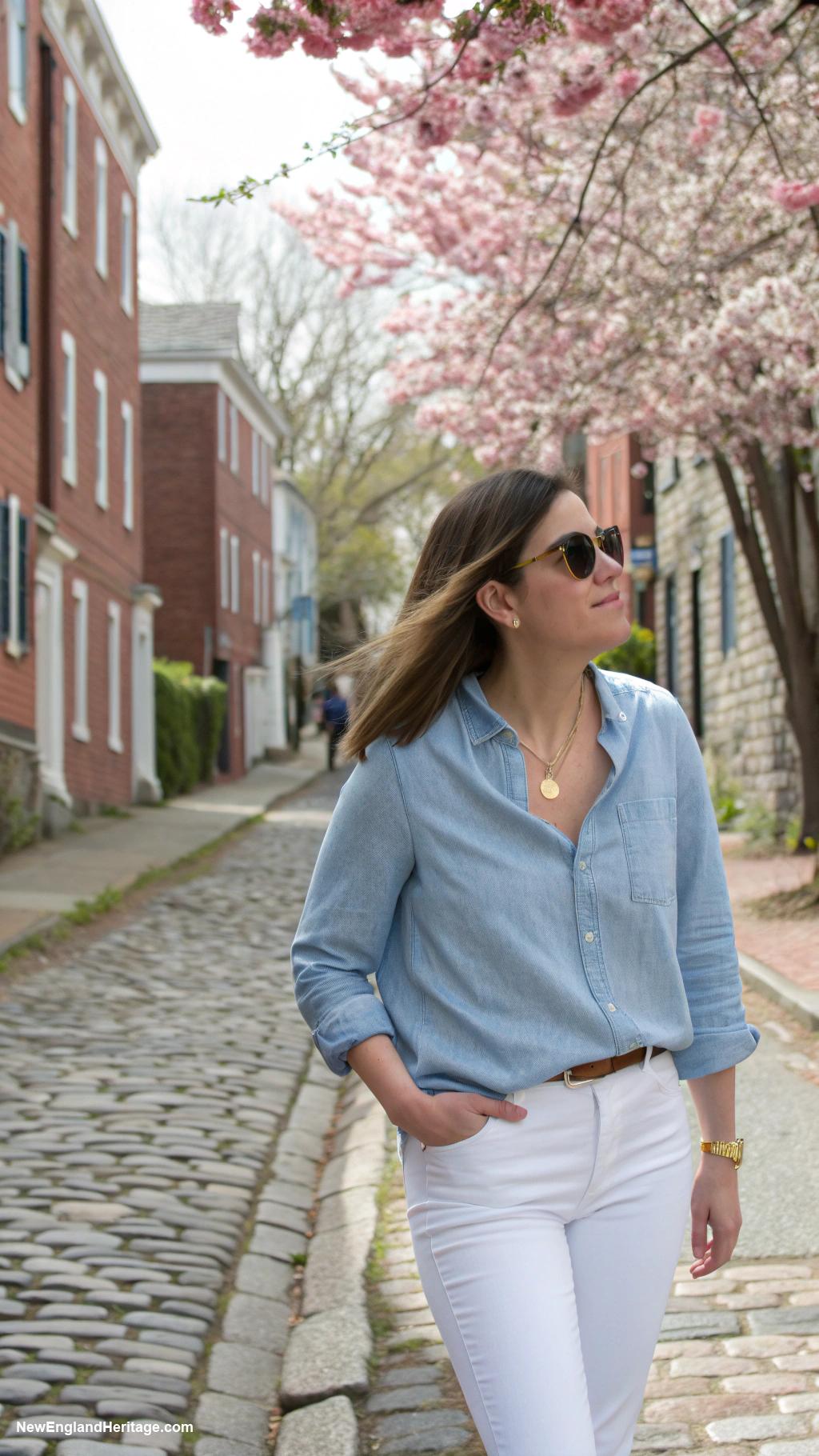 spring outfits for women Chambray shirt with white jeans