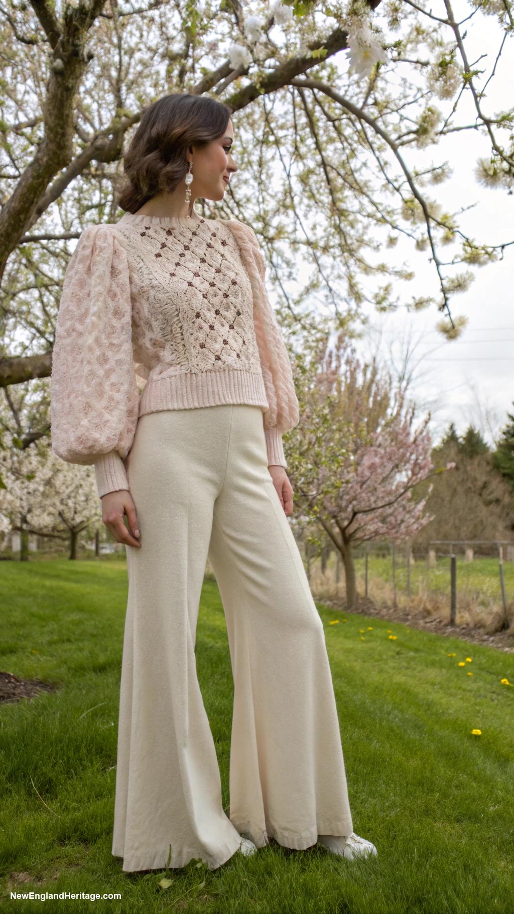 spring outfits for women Crochet sweater with flared trousers