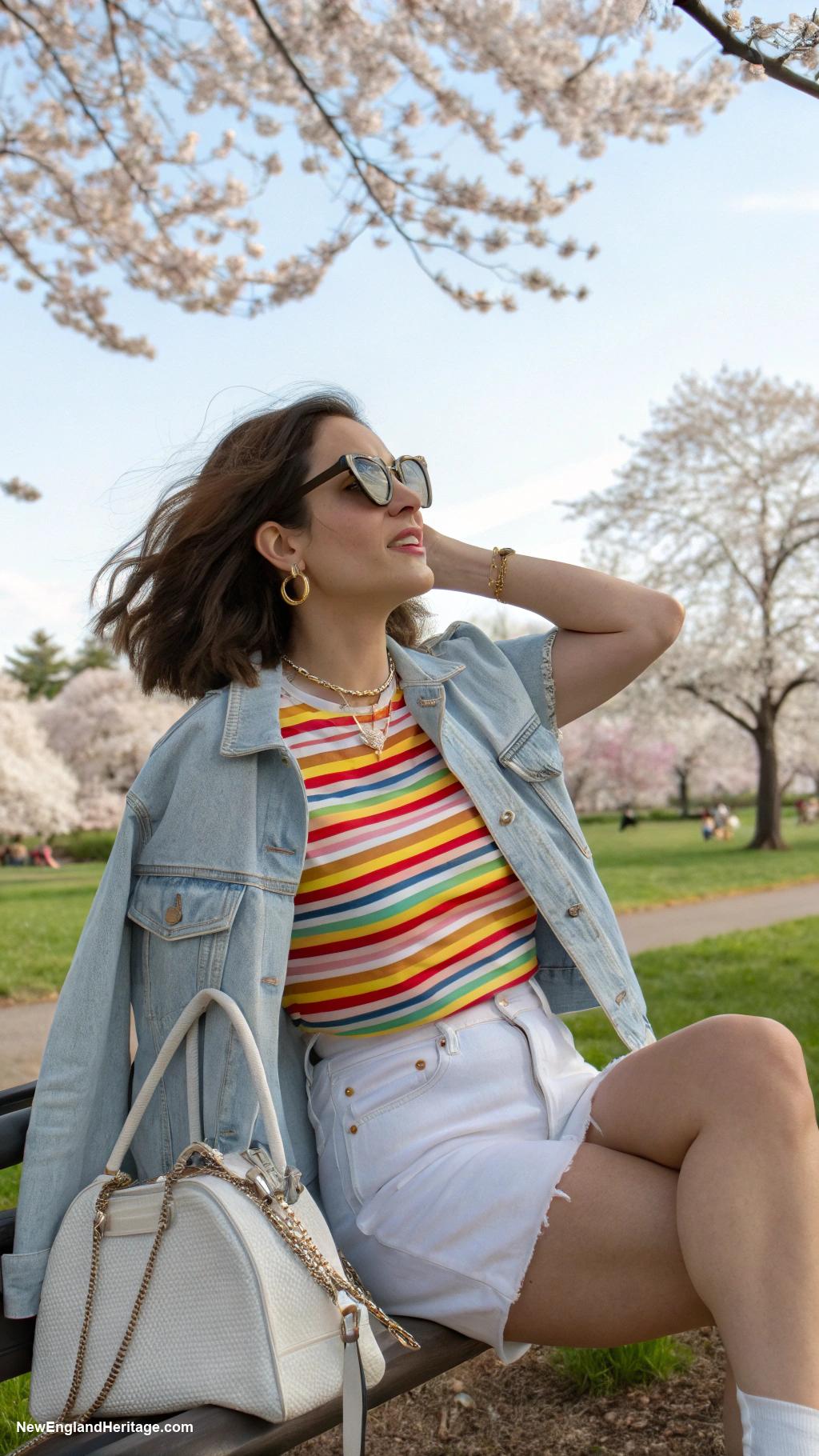 spring outfits for women Denim jacket with striped tee and shorts