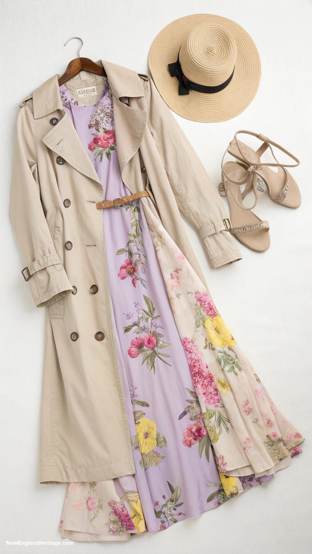 spring outfits for women Lightweight trench coat and floral dress