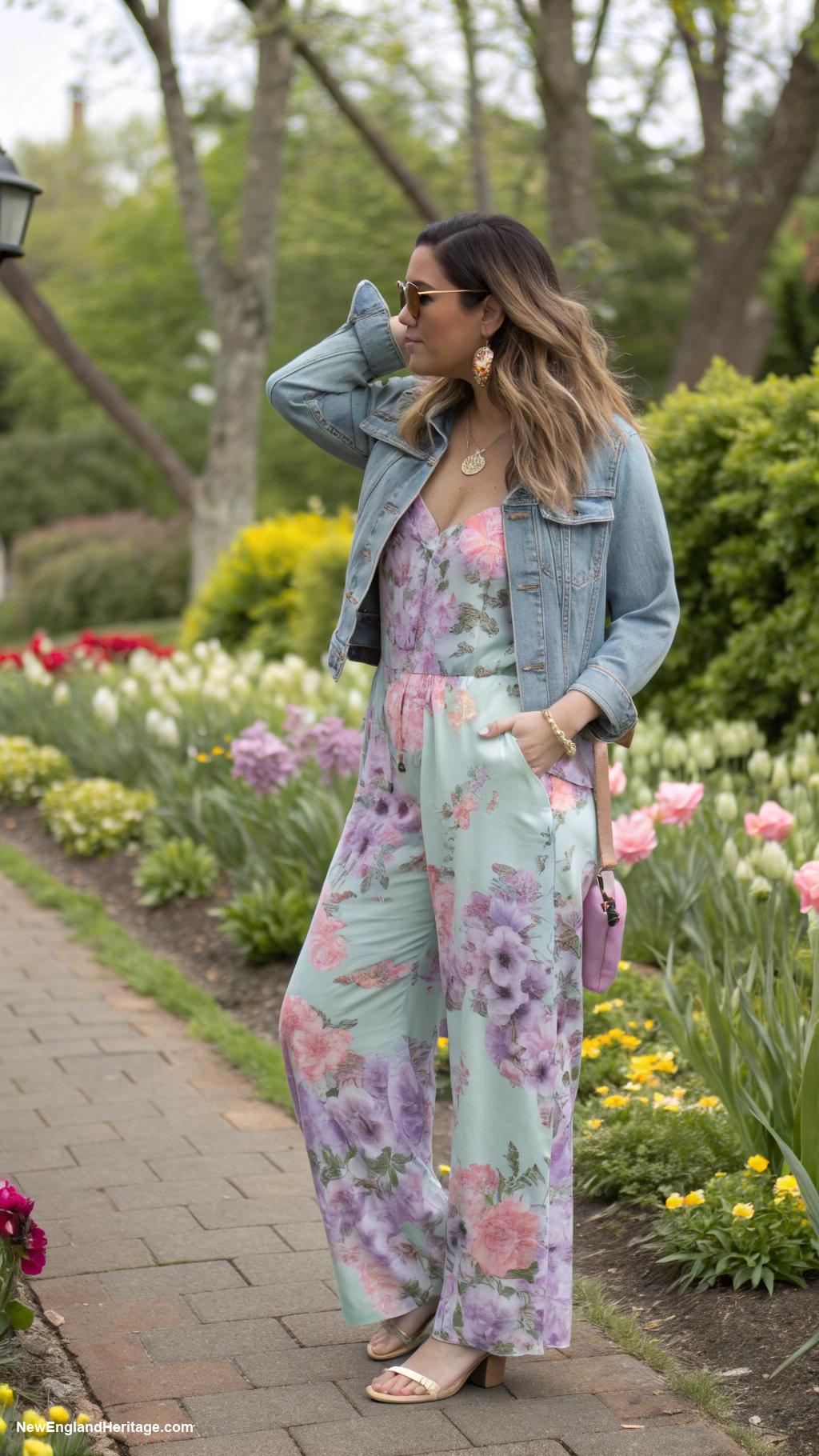 spring outfits for women Printed jumpsuit with a denim jacket
