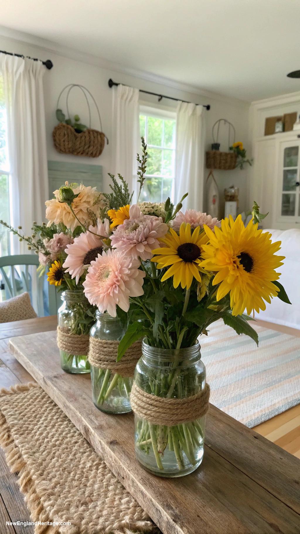 traditional home decor Fresh flowers in mason jar vases