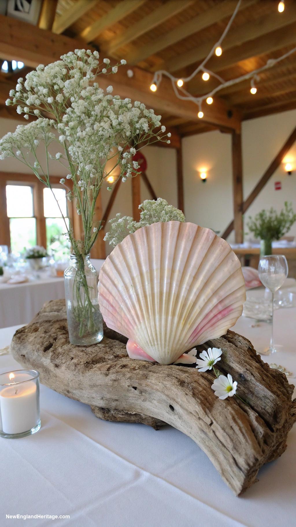 traditional home decor Seashell and driftwood centerpieces on tables