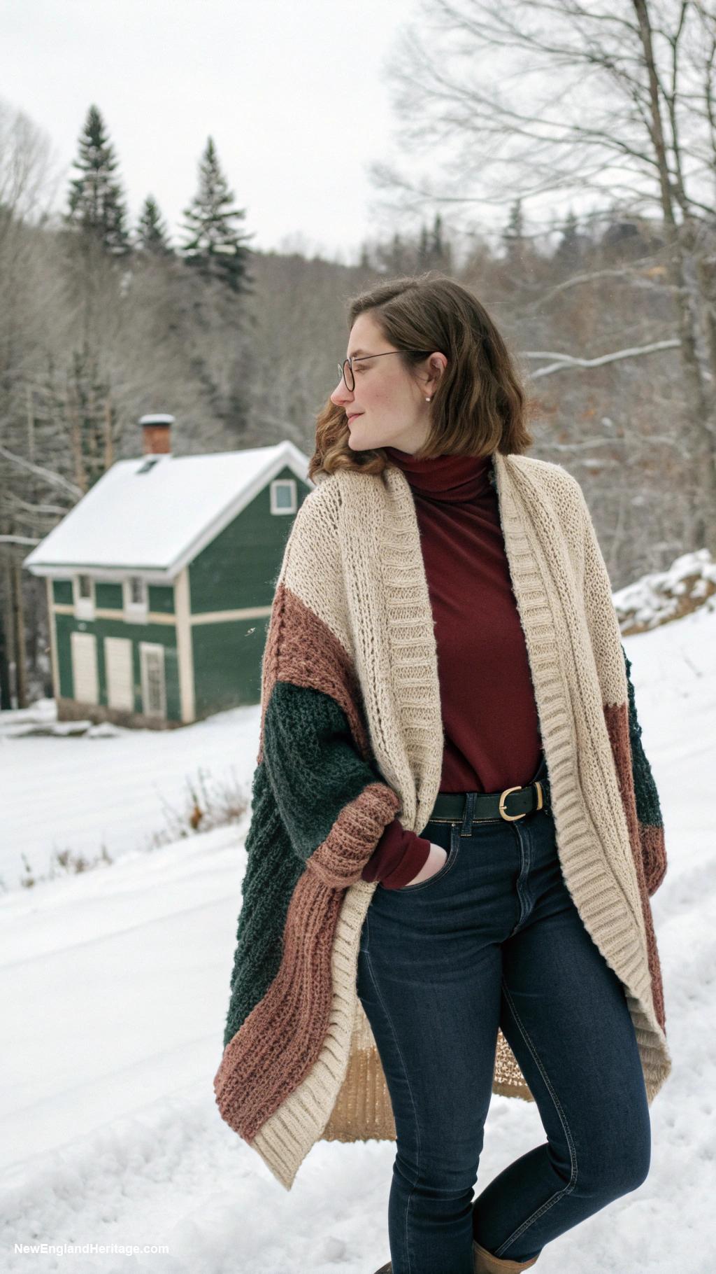 winter outfits for women Chunky knit cardigan over turtleneck