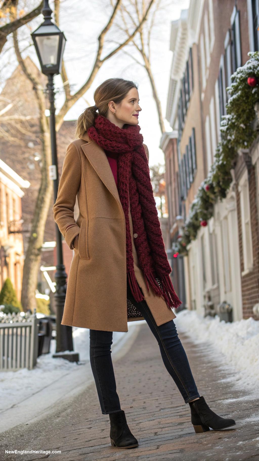 winter outfits for women Wool coat with knitted scarf