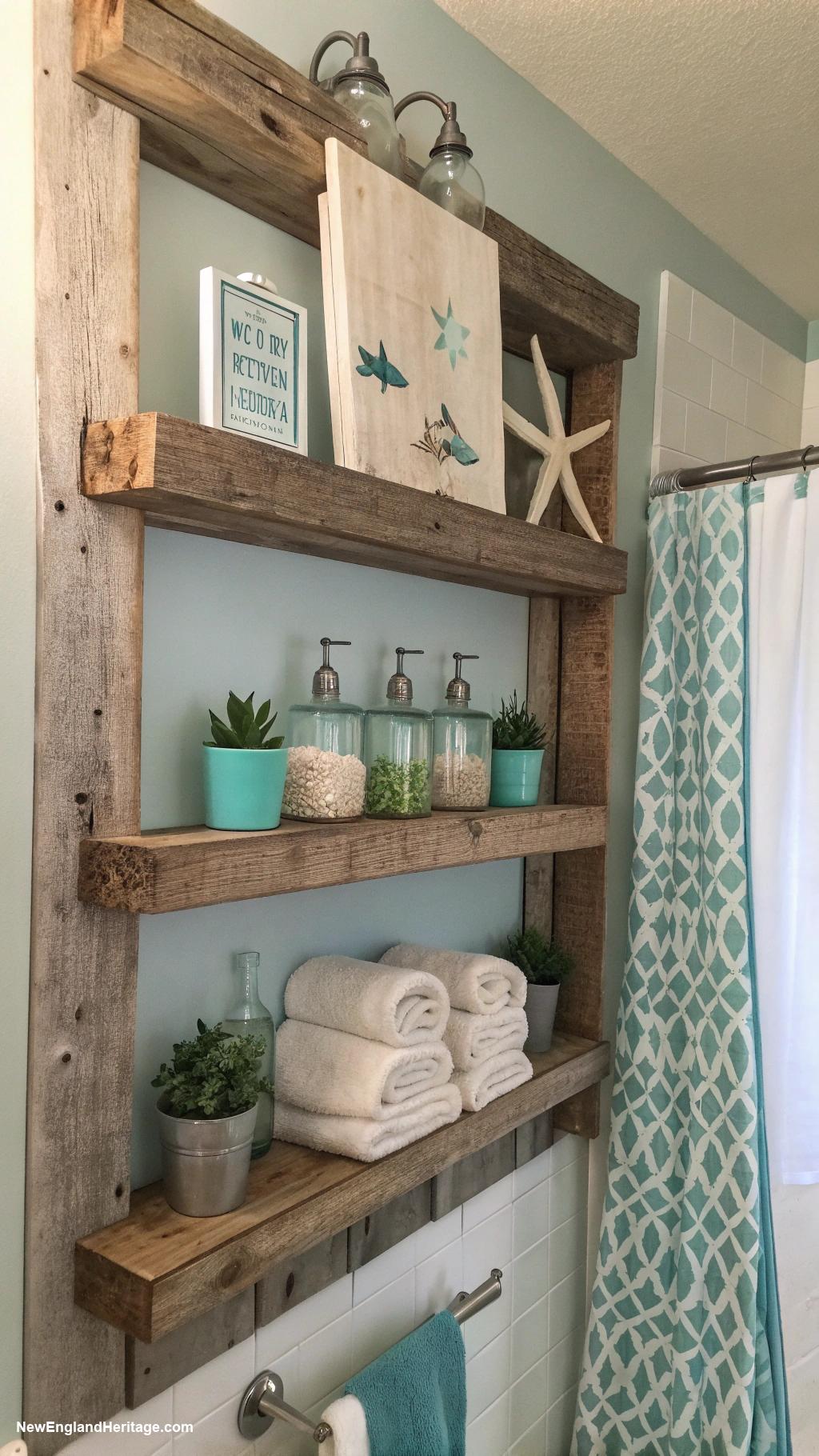 bathroom ideas Weathered wood shelving solutions