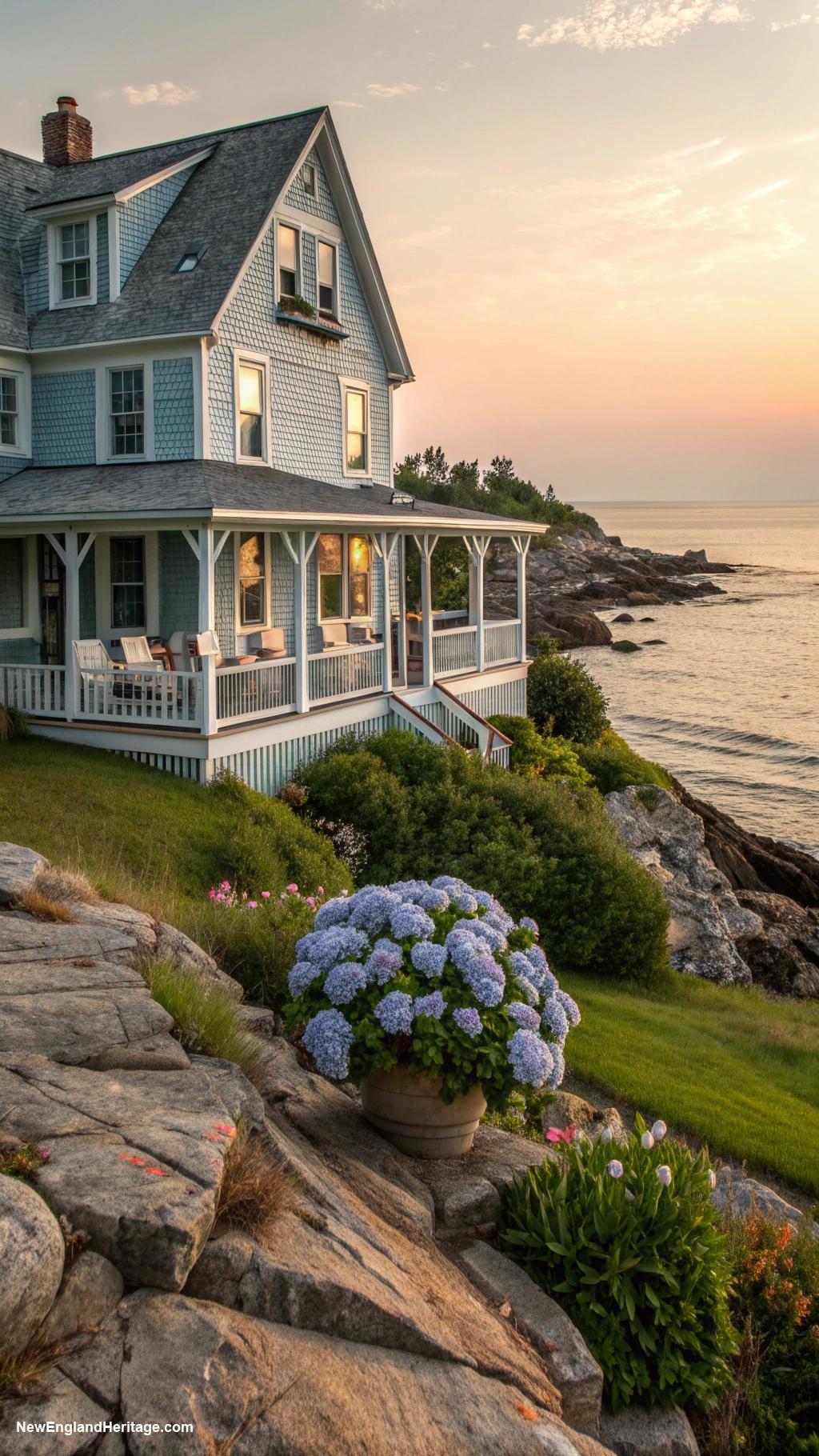 coastal maine houses Historic farmhouse overlooking rocky shoreline