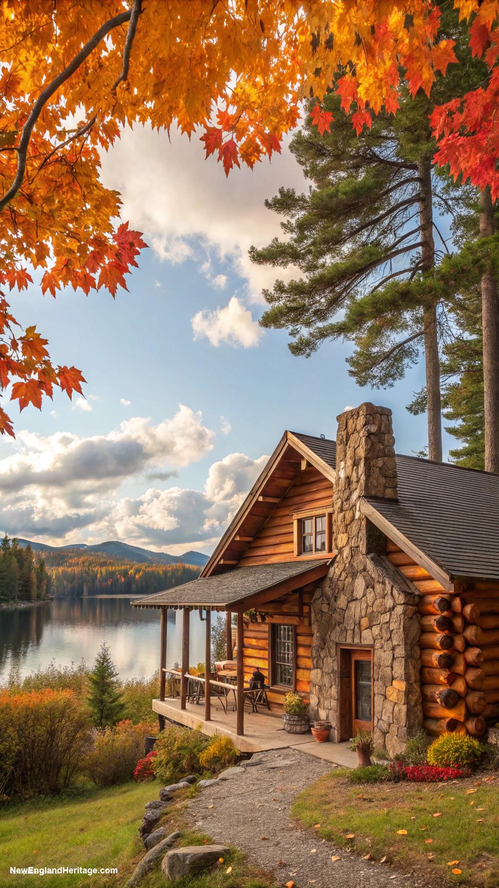 countryside vermont houses Log cabin with stone fireplace charm
