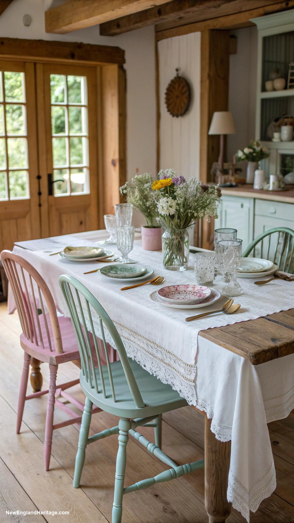 dining room ideas Cozy farmhouse table with vintage chairs