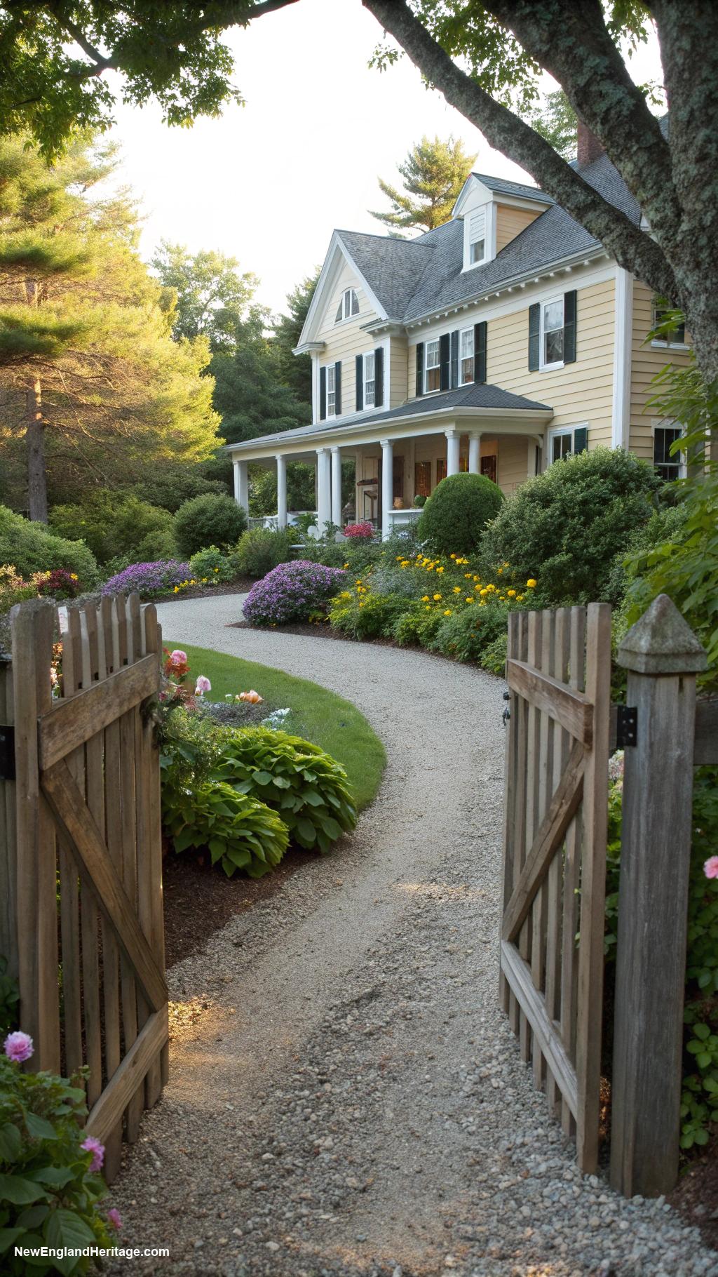 driveway ideas Crushed stone driveway with wooden gates