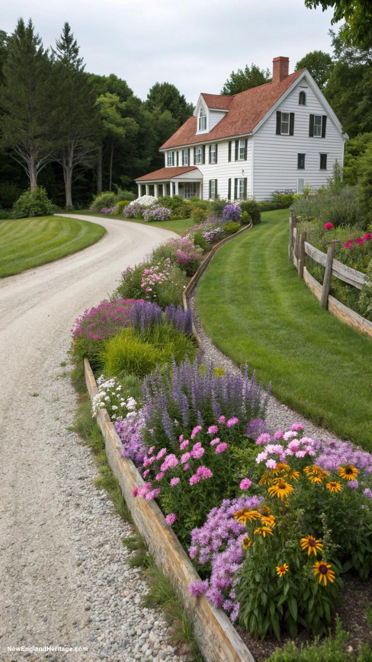 driveway ideas Gravel driveway with bordered flower beds