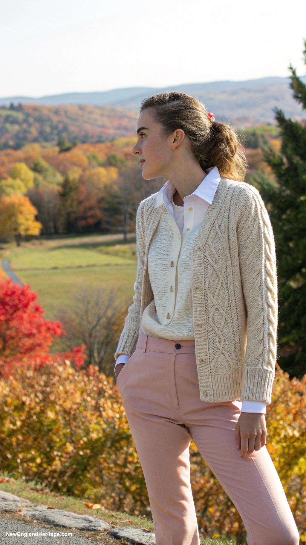 preppy outfits for women in 20s Cable knit sweater over collared shirt