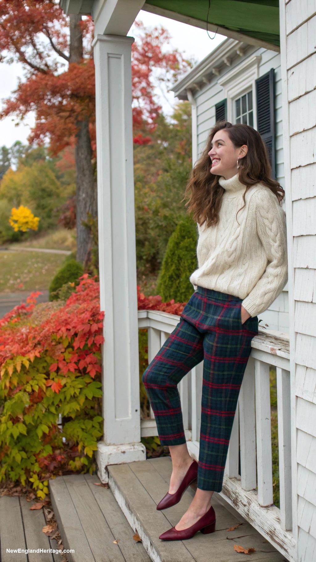 preppy outfits for women in 20s Knit sweater with plaid trousers and flats