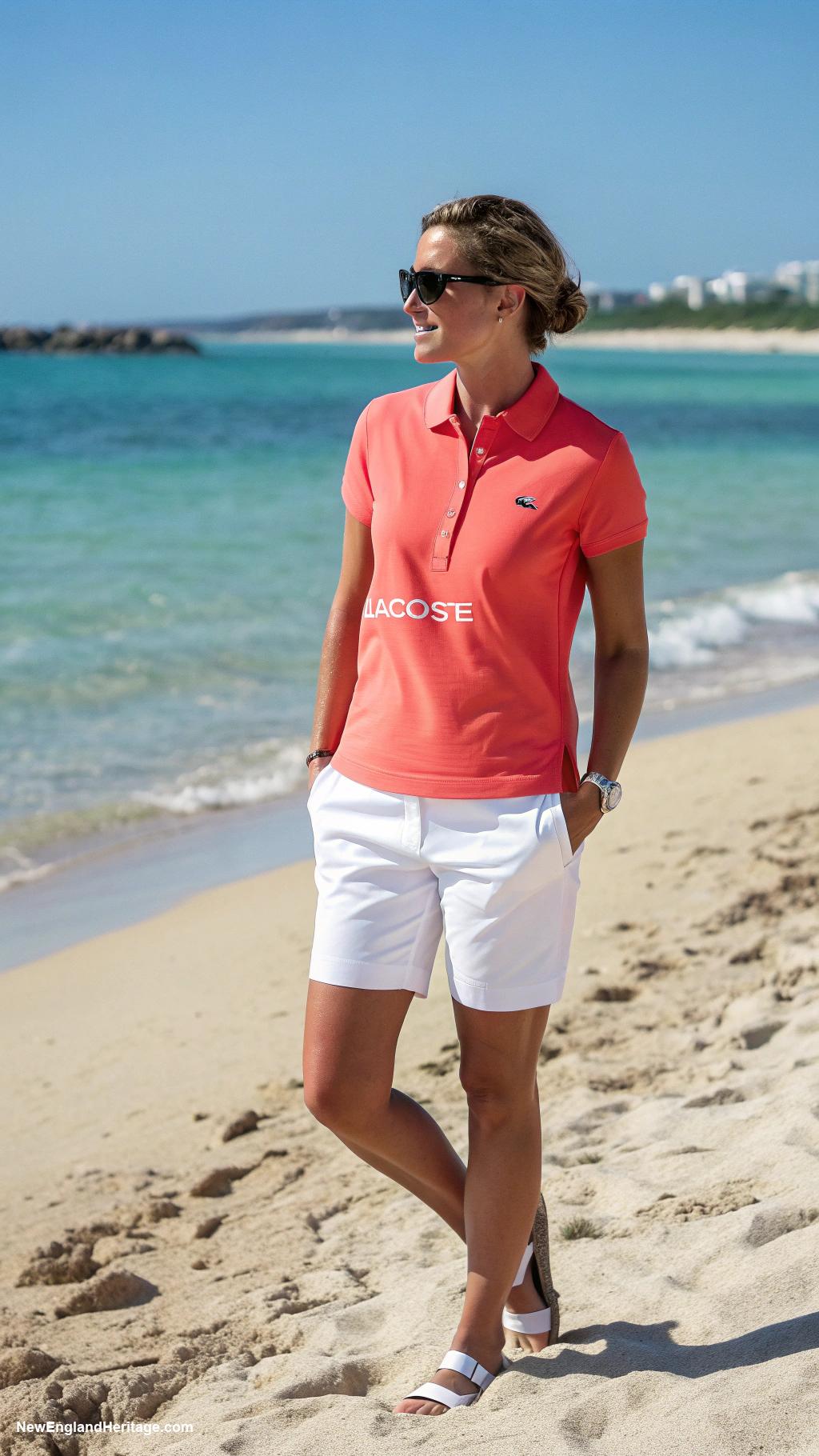 preppy outfits for women in 20s Lacoste polo shirt with Bermuda shorts