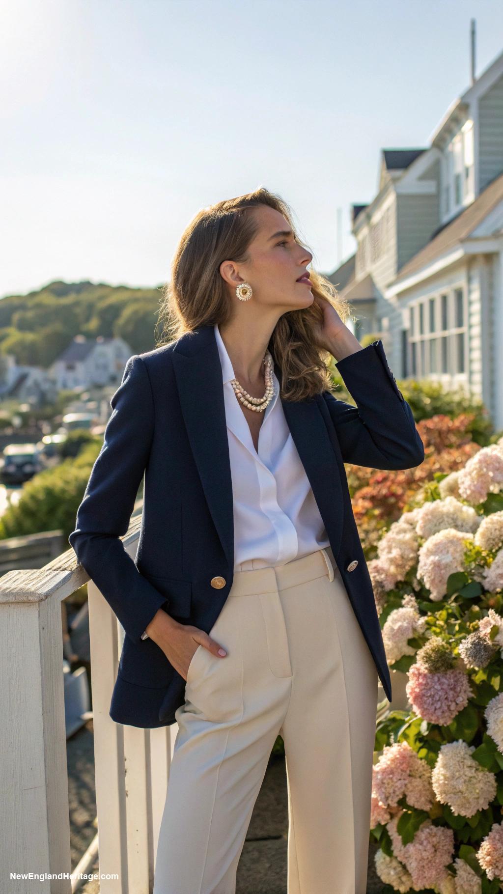 preppy outfits for women in 20s Navy blazer with white blouse and chinos