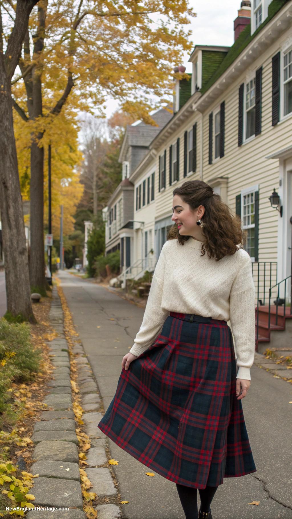 preppy outfits for women in 20s Plaid skirt paired with a cashmere sweater