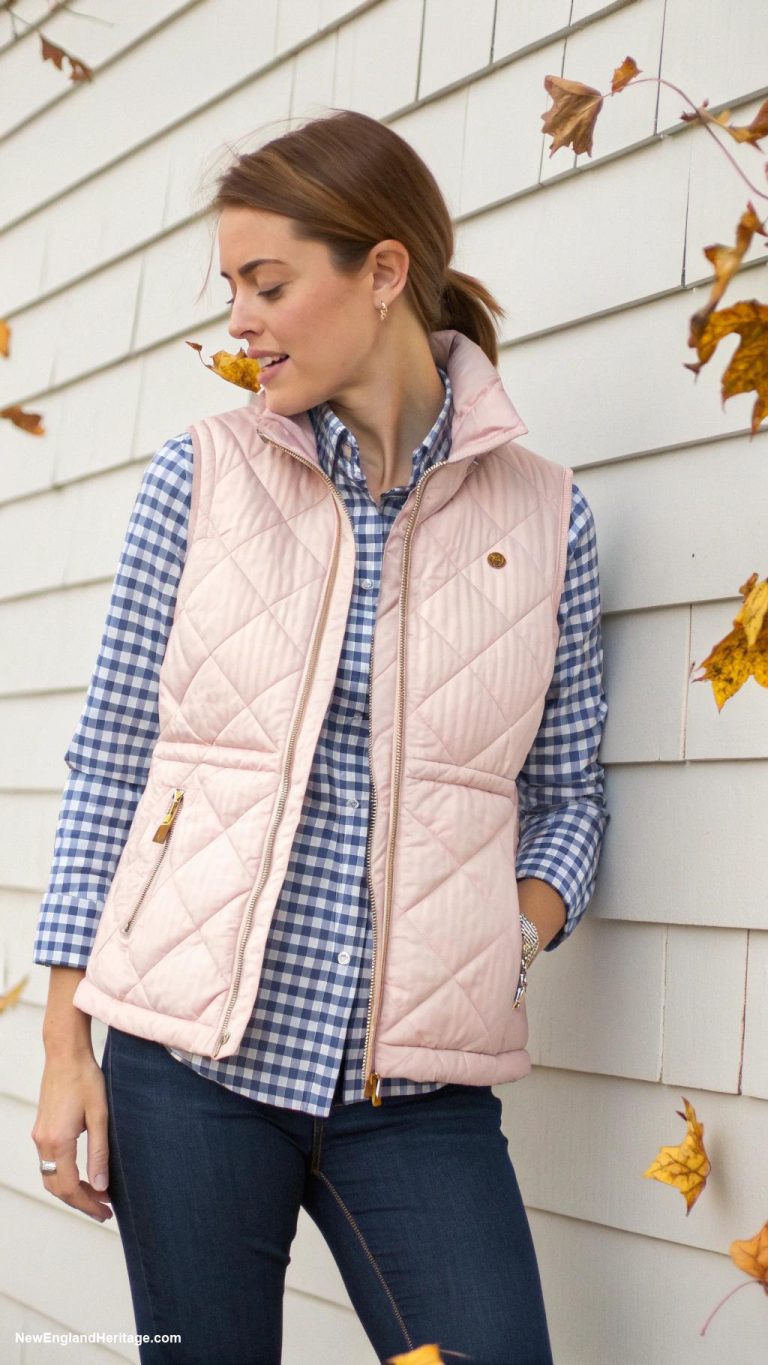 preppy outfits for women in 20s Puffer vest with a gingham button up shirt