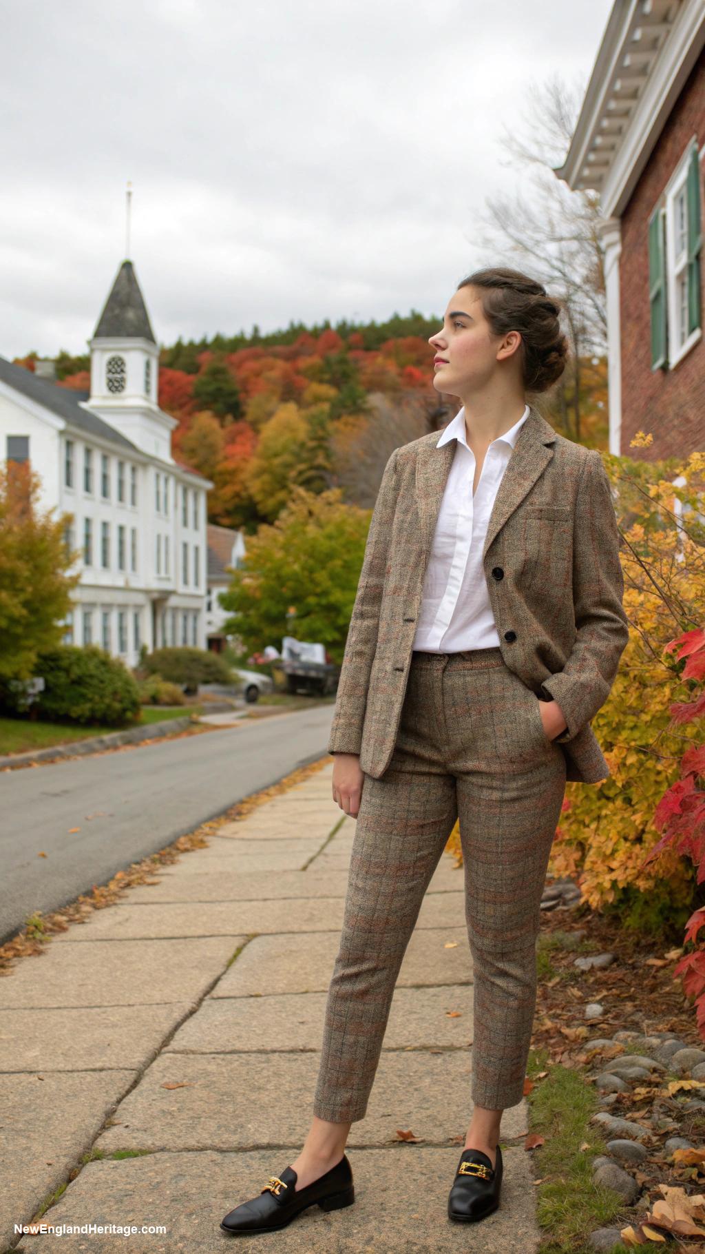 preppy outfits for women in 20s Tweed jacket with tailored pants and loafers
