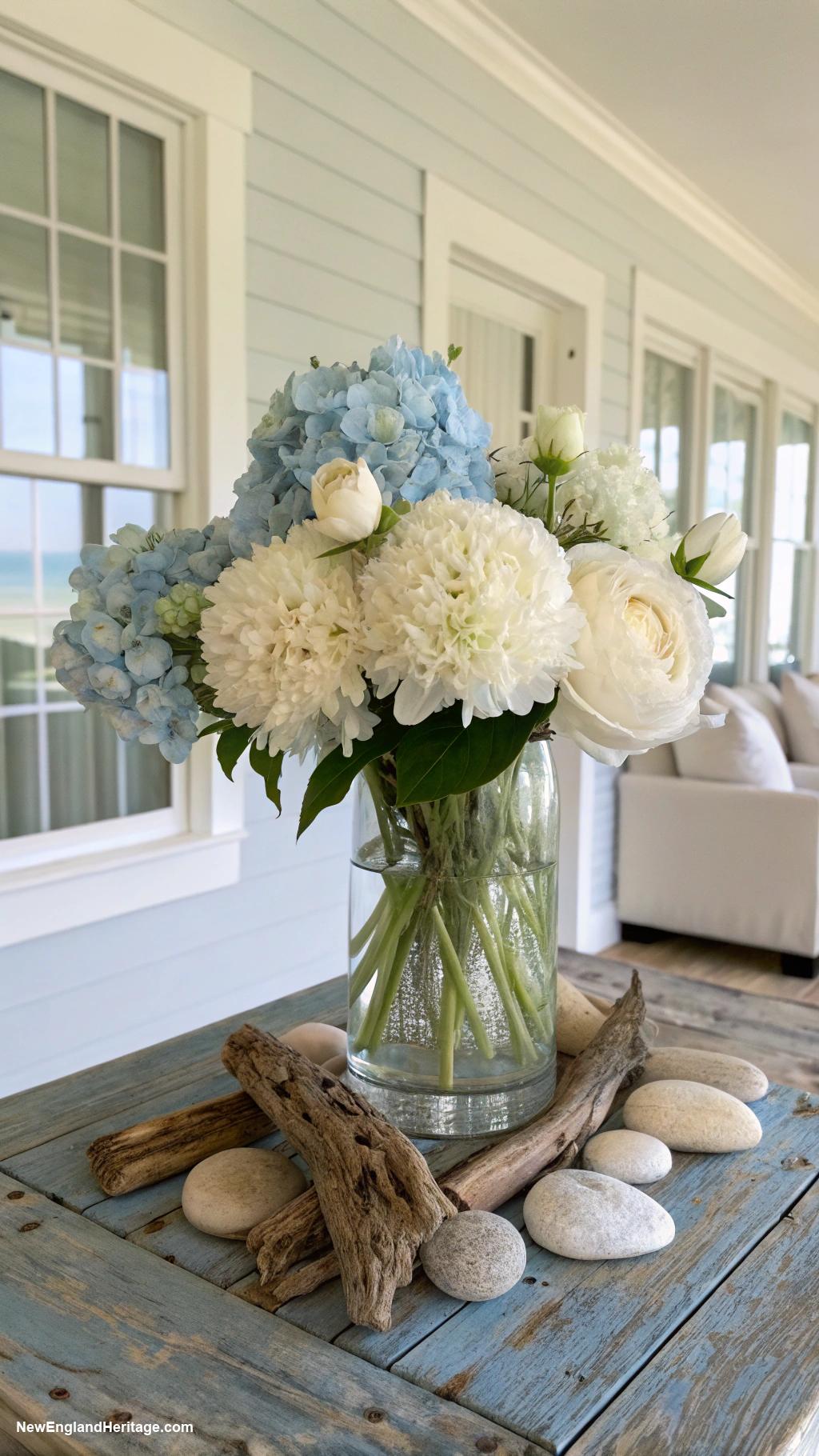 coastal interior design Glass vases with driftwood centerpieces